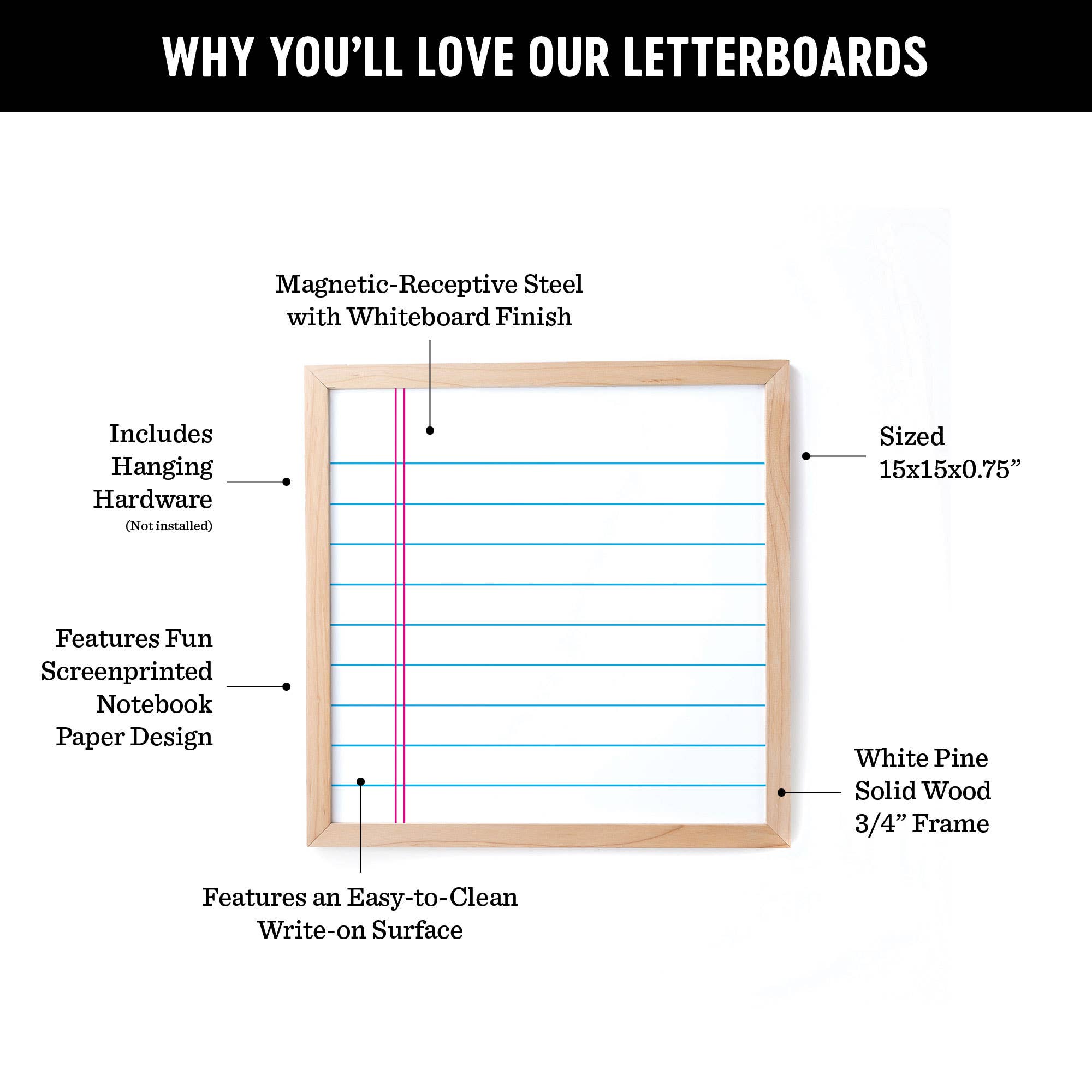 Letterboard with features listed on a white background