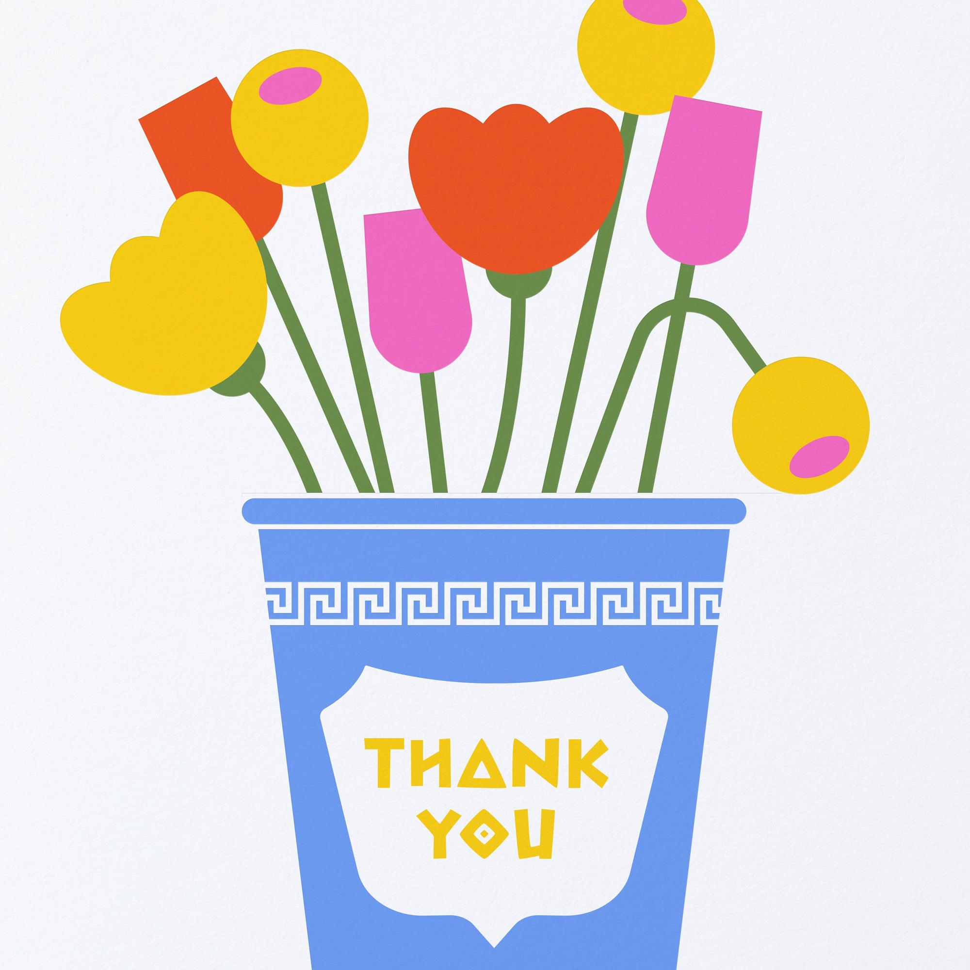 Colorful flowers in a blue pot with 'THANK YOU' text on a white background