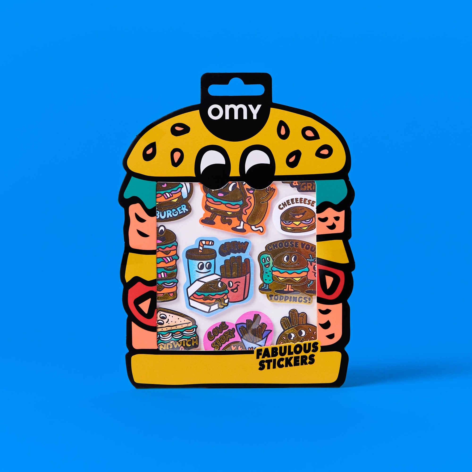 Pack of stickers with cartoon food designs on a blue background