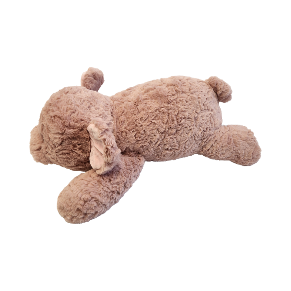Plush toy dog lying on a white background