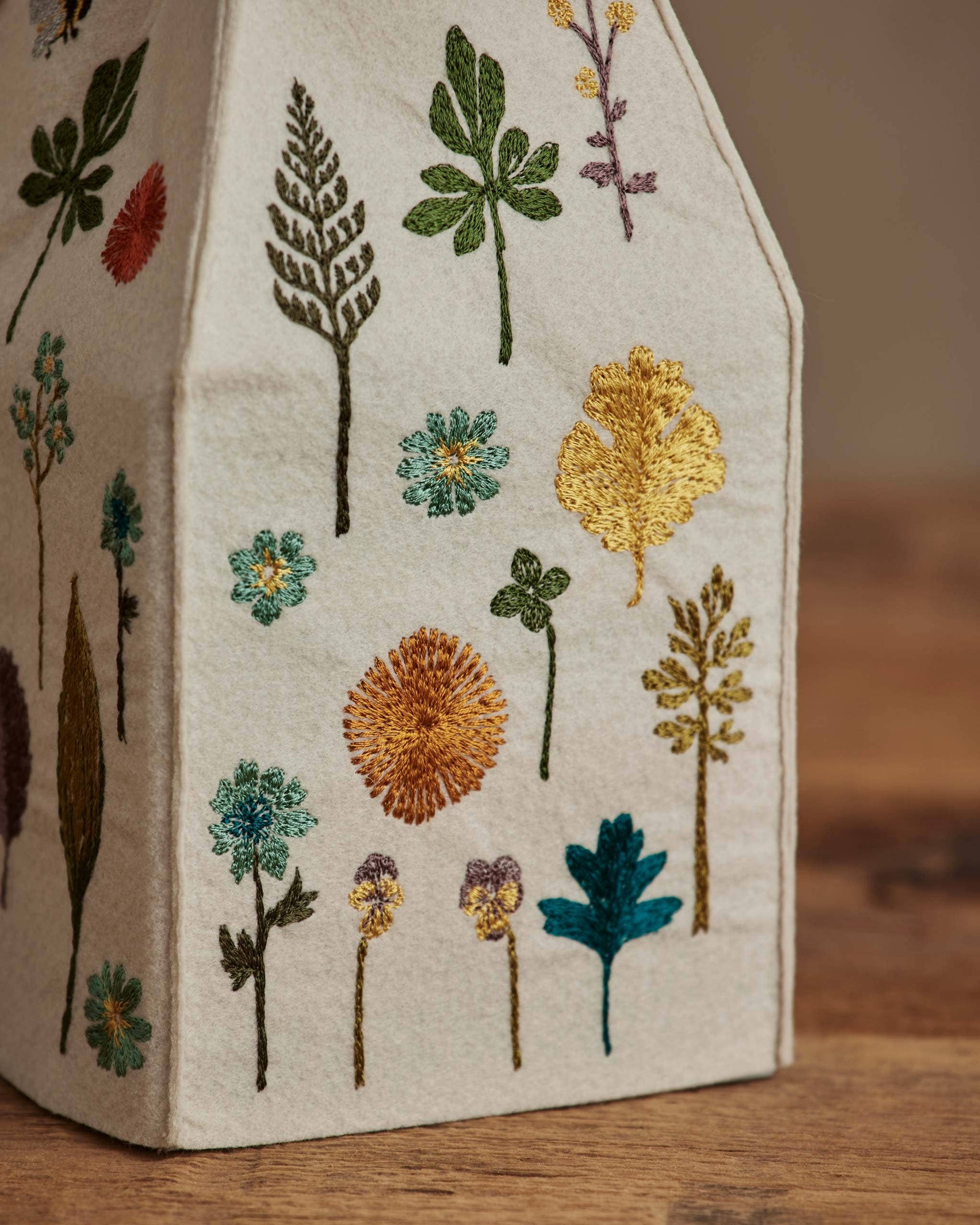 Decorative box with embroidered floral patterns on a wooden surface
