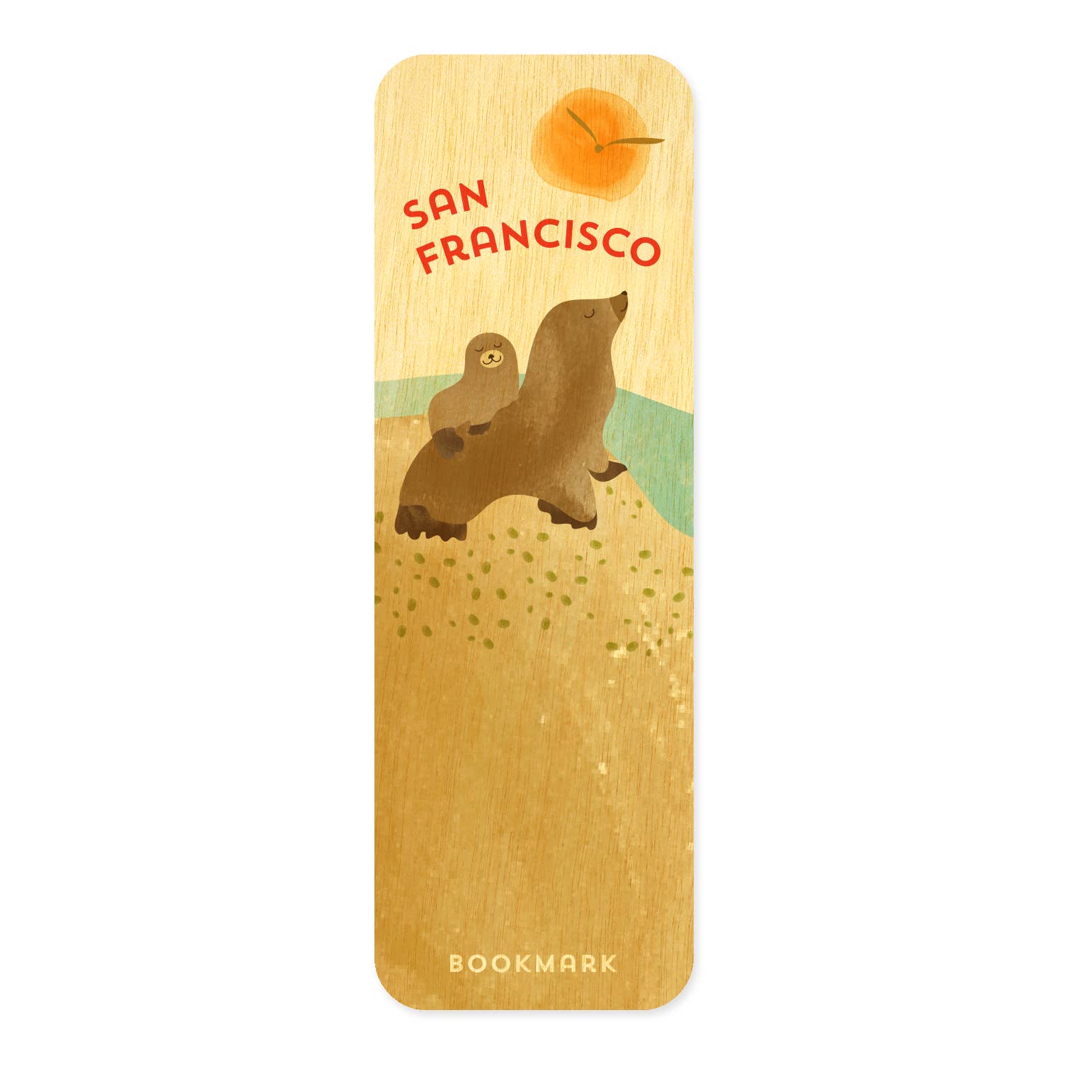 Wooden bookmark with San Francisco design featuring two seals and a sun.