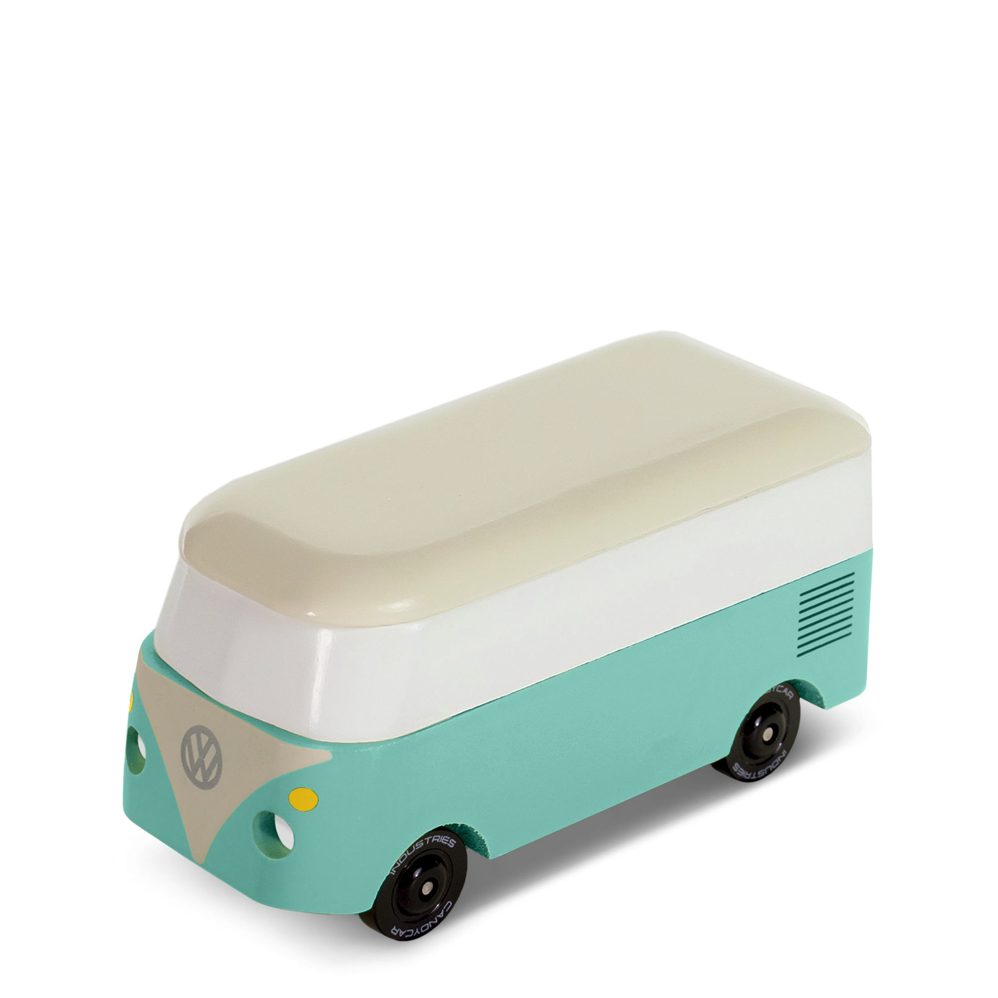 Model of a vintage van with a teal body and beige roof on a white background