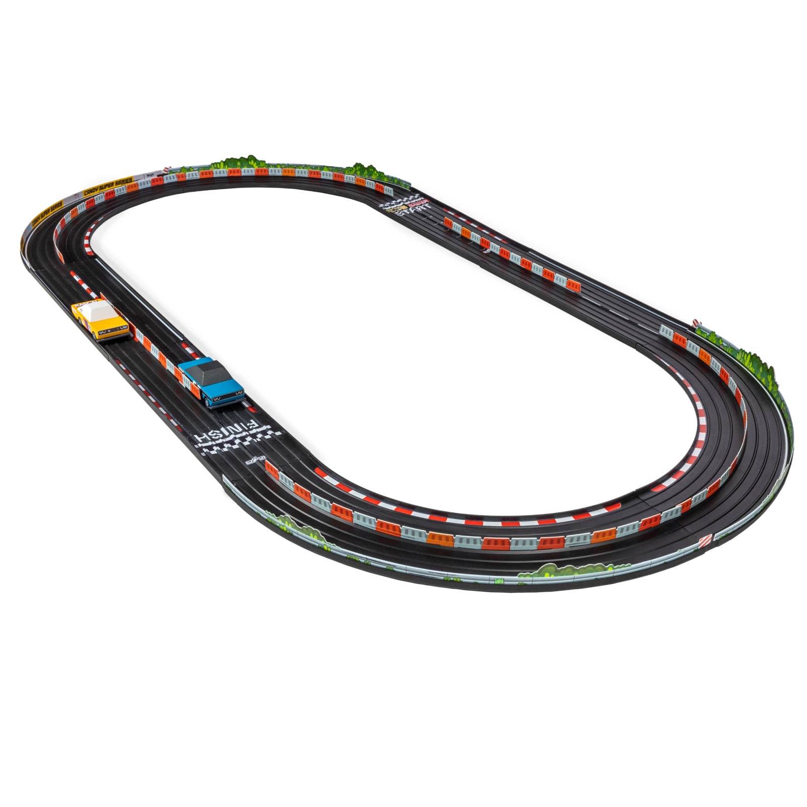 Toy race track set with cars on a white background