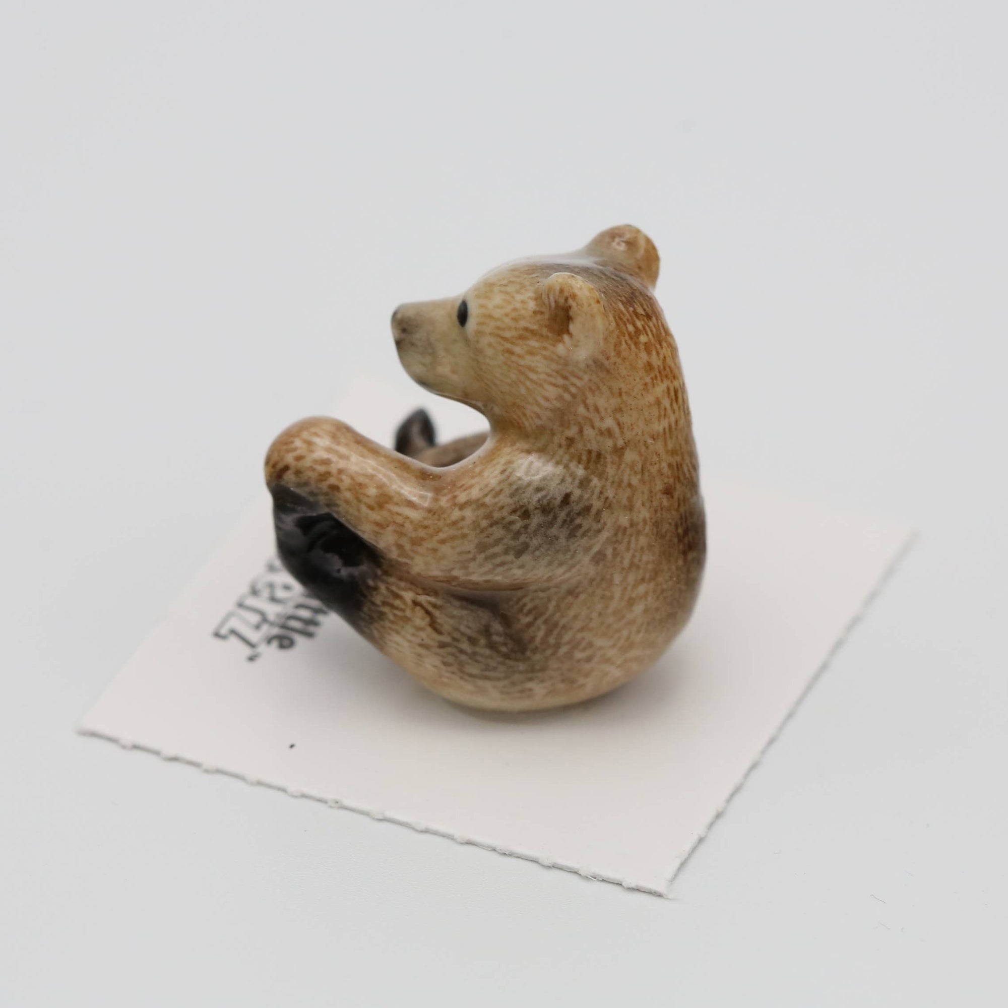 Small bear figurine on a white card with a white background