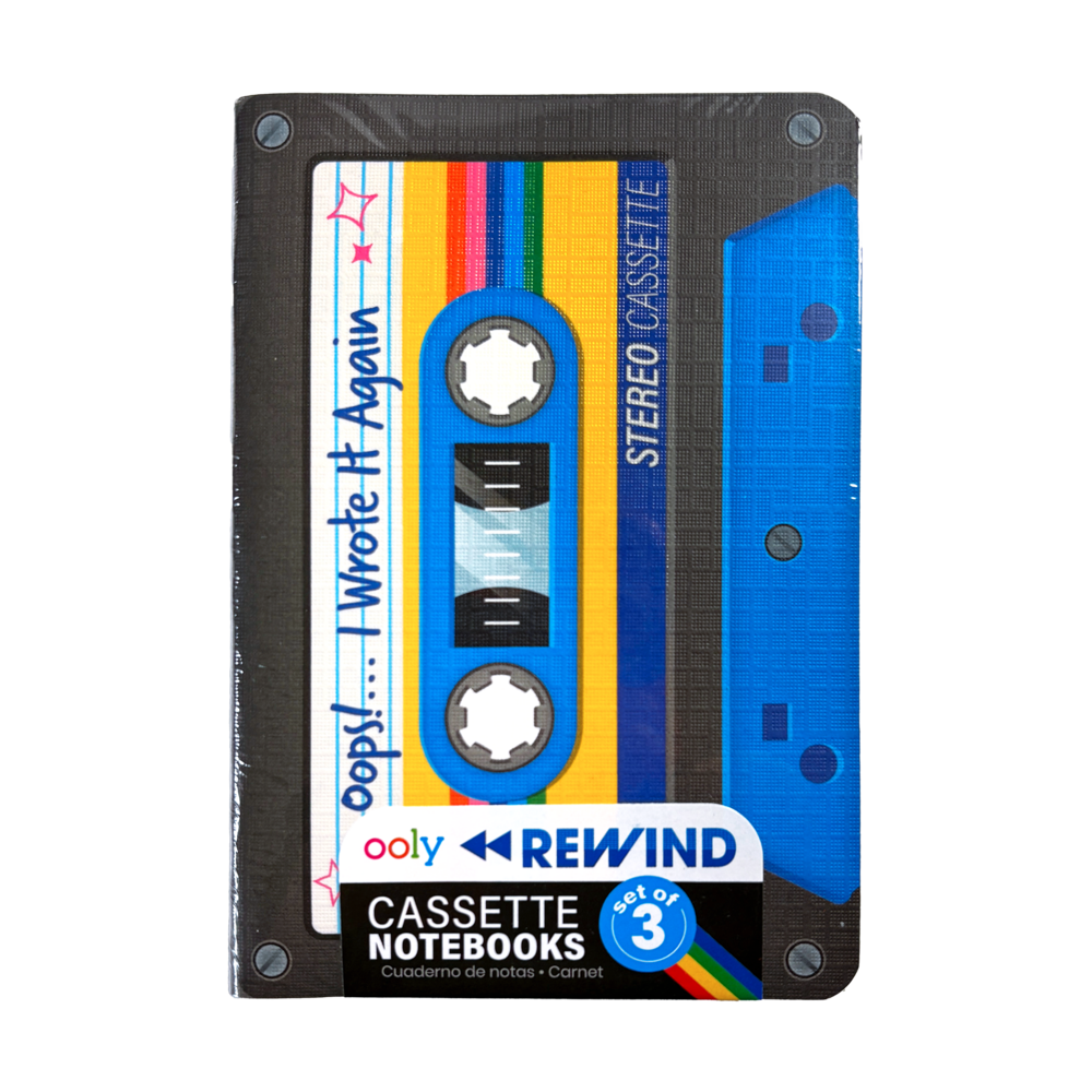 Cassette tape-shaped notebook with colorful design on a white background