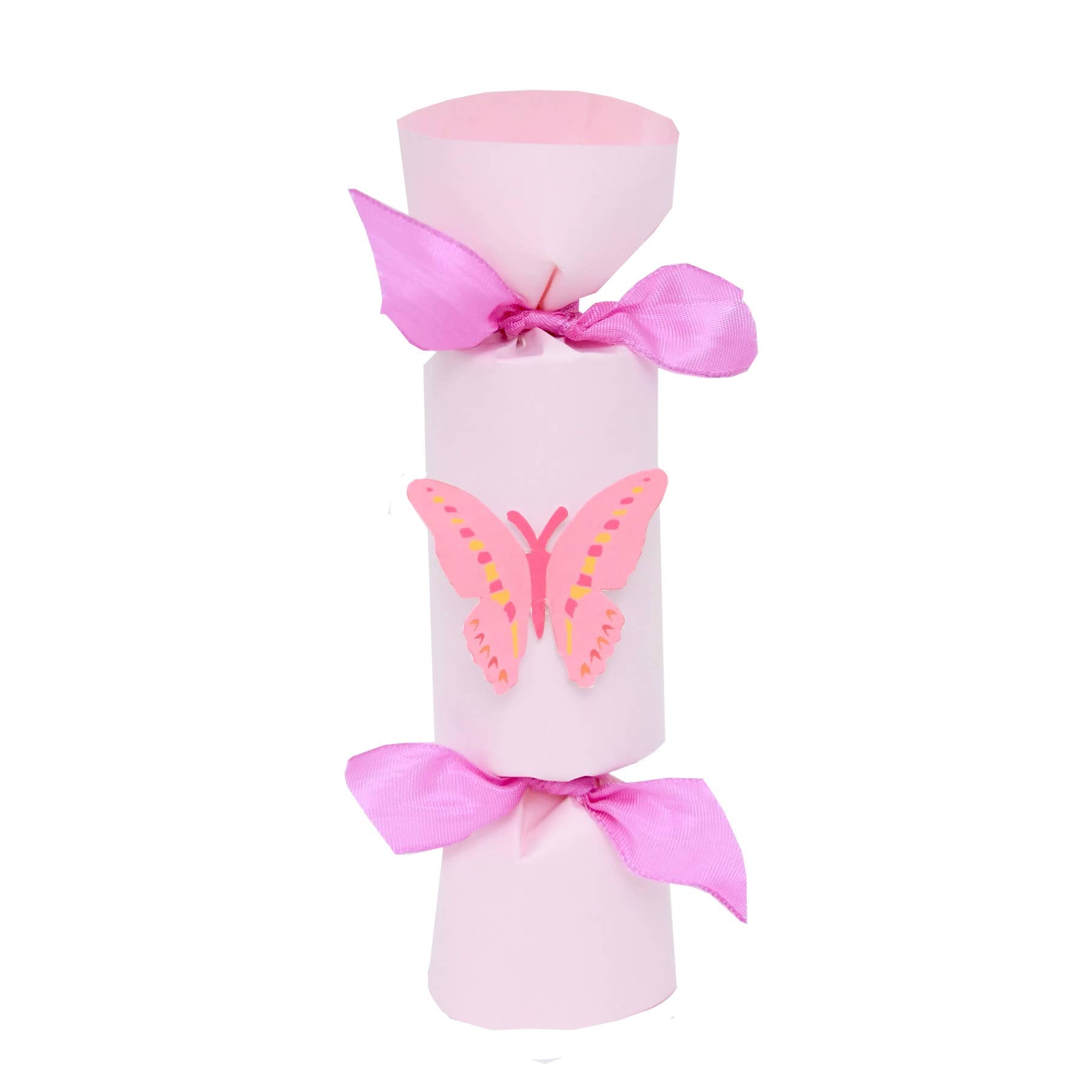 Pink cracker with butterfly design and pink ribbon on a white background