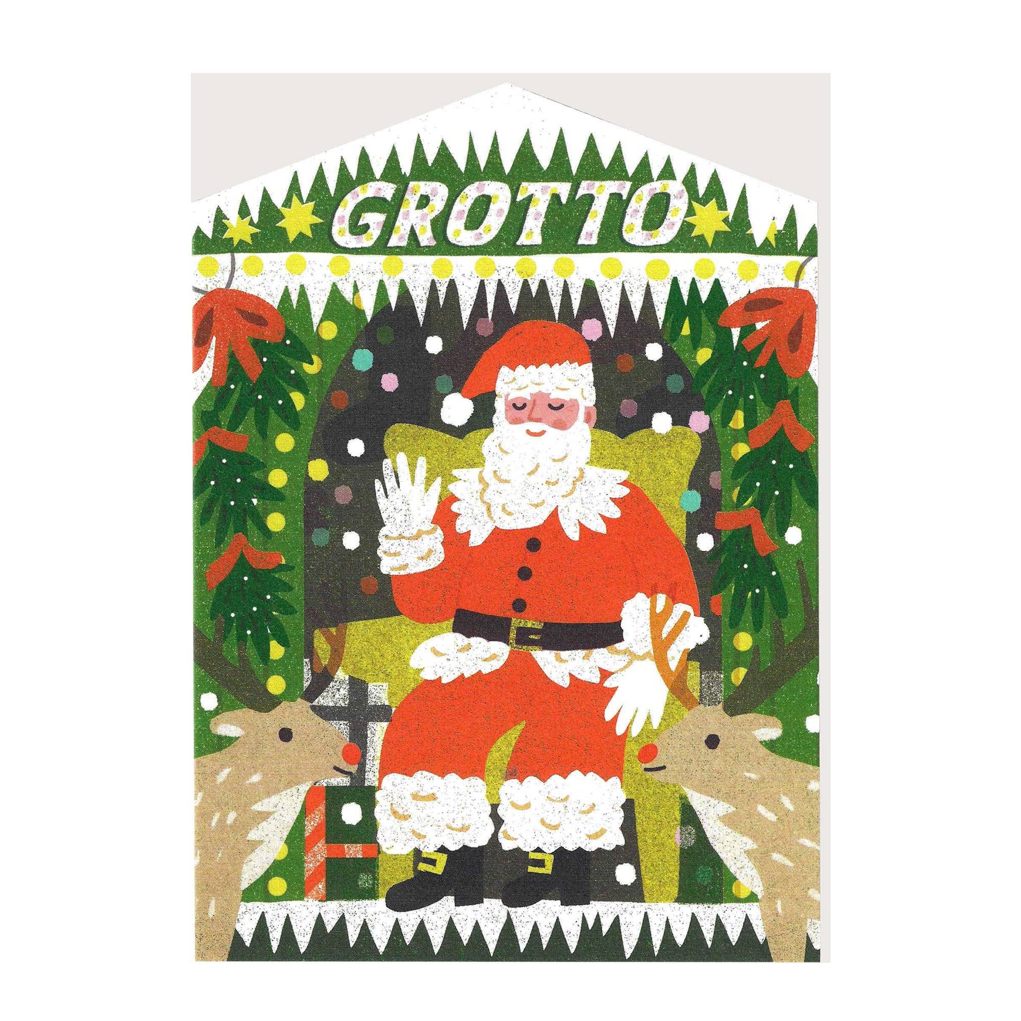 Christmas card with Santa Claus and reindeer, featuring the word 'Grotto'.