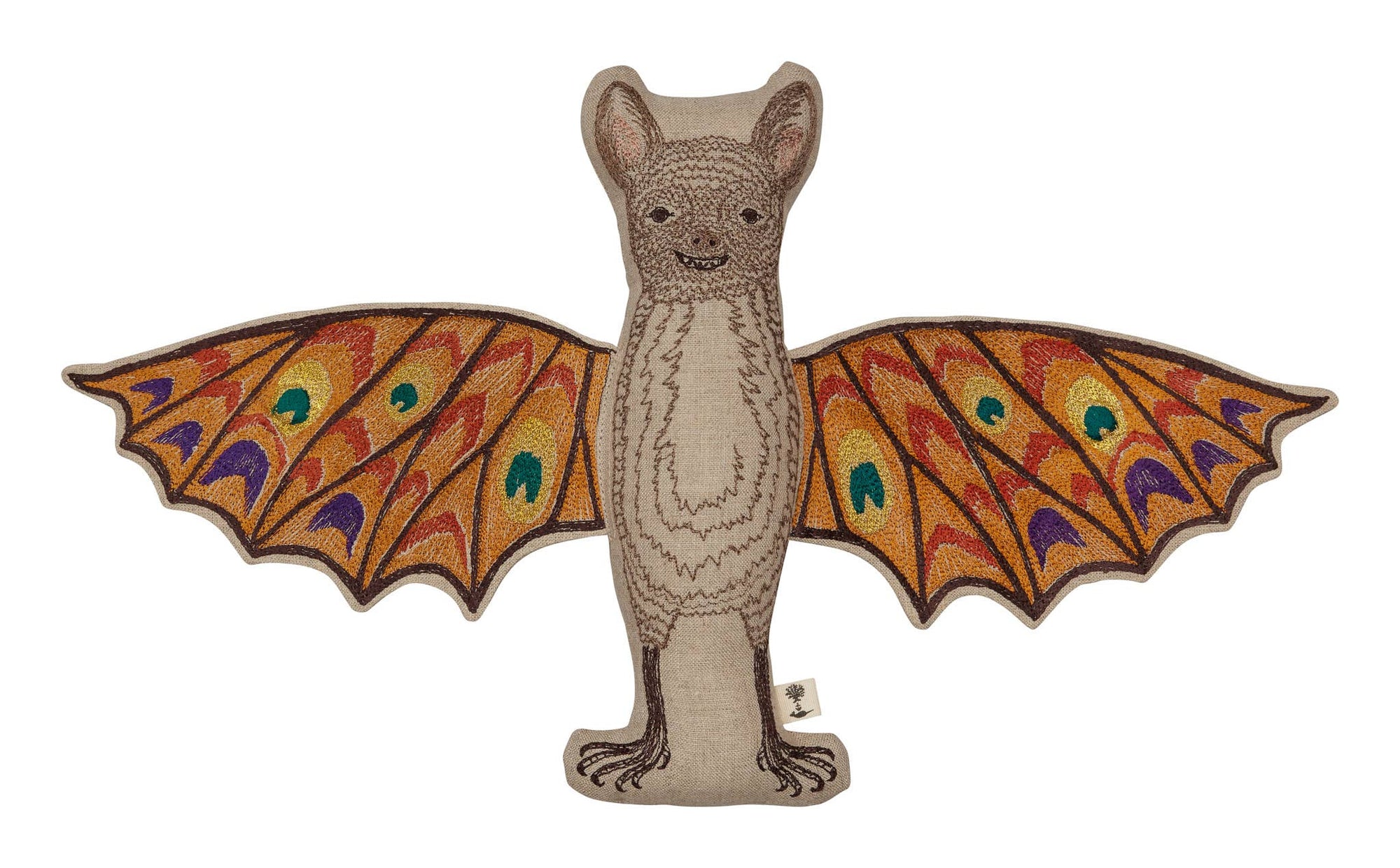 Bat-shaped toy with colorful wings on a white background