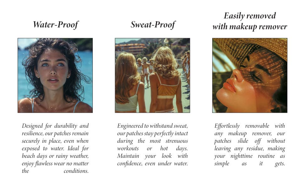 Product advertisement with images of a woman outdoors, people exercising, and a close-up of makeup, highlighting water-proof, sweat-proof, and easy removal features.