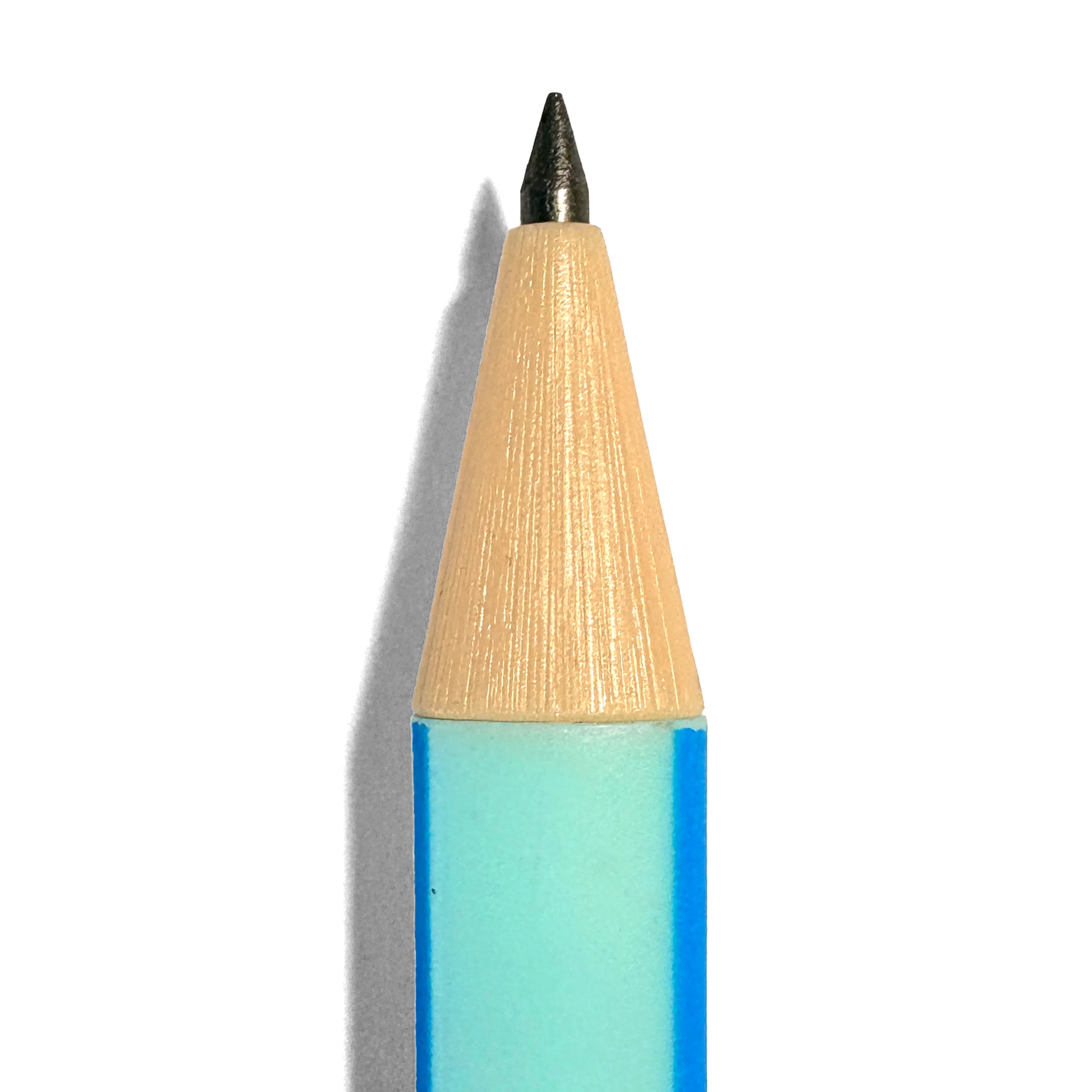 Close-up of a pencil with a wooden cap and blue body on a white background