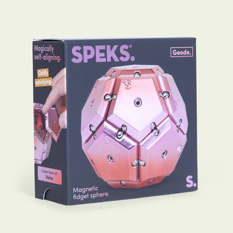 Speks magnetic fidget sphere packaging with pink geometric design on a beige background