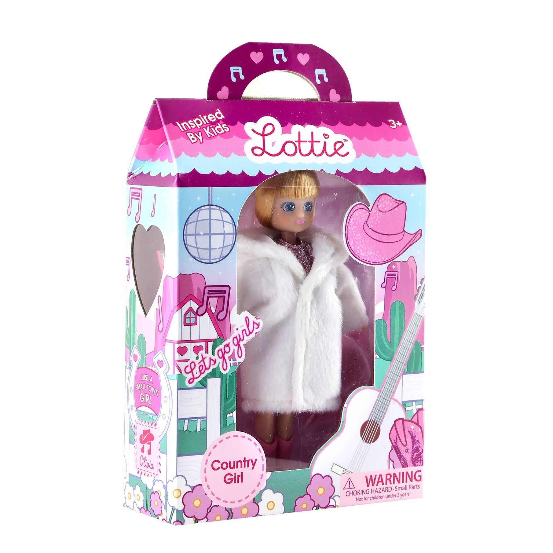 Lottie doll packaging with a doll inside, featuring a white coat and pink hat.