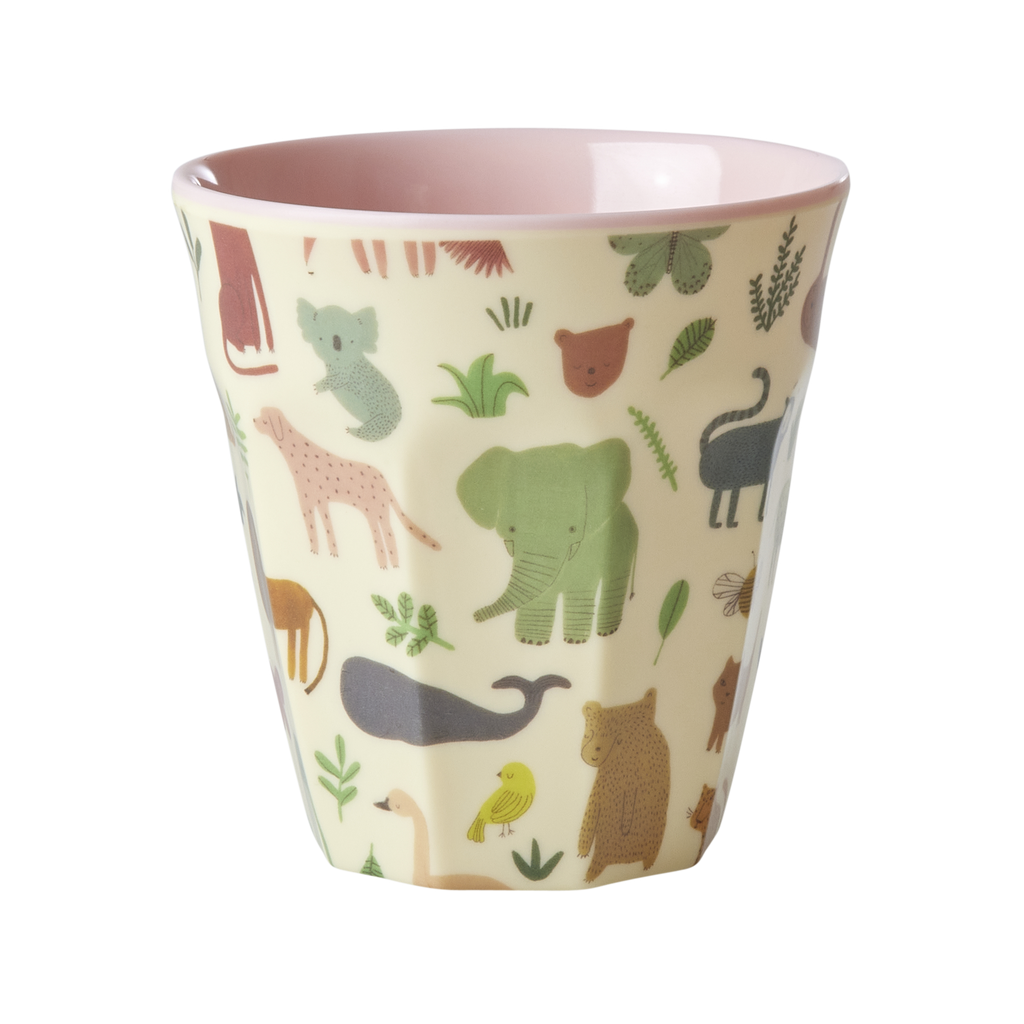 Children's cup with animal pattern on a white background