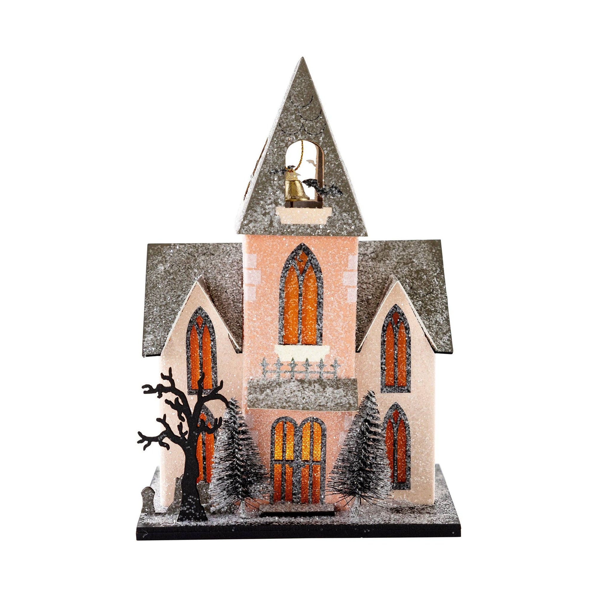 Decorative model of a church with a bell tower on a white background