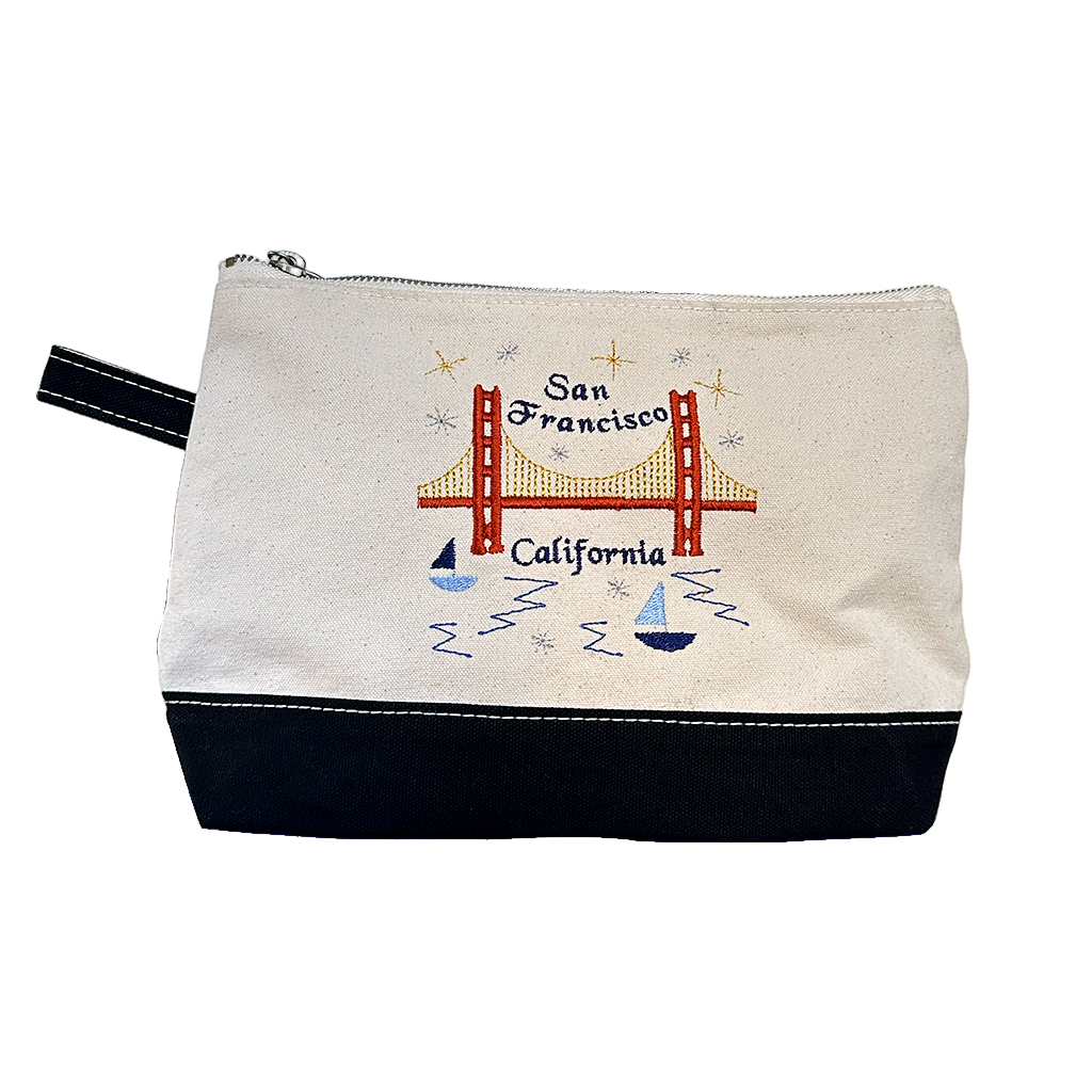 Pouch with Golden Gate Bridge design and 'San Francisco, California' text on a white background
