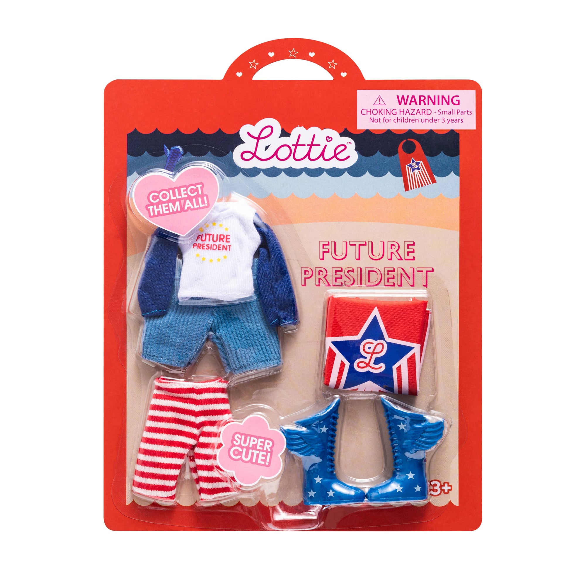 Lottie 'Future President' doll clothing and accessory set in red retail packaging, featuring a blue and white top, denim shorts, red and white striped pants, and a red, white, and blue star-patterned headband.