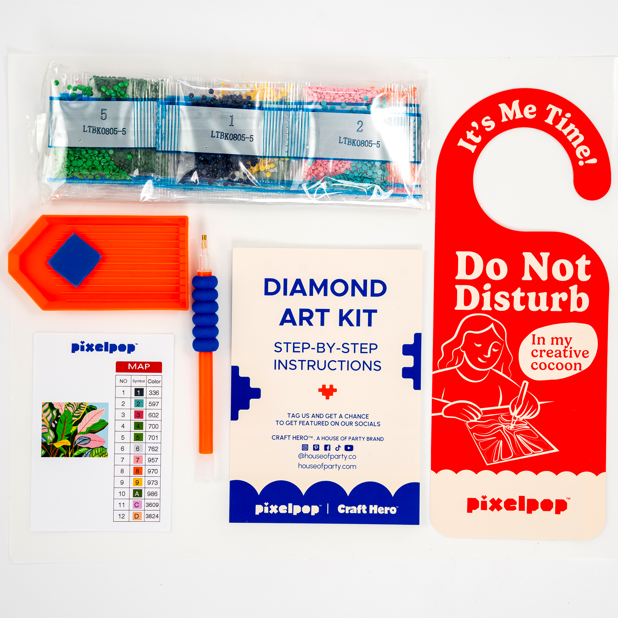 Diamond art kit with tools and instructions, featuring PixelPop branding.