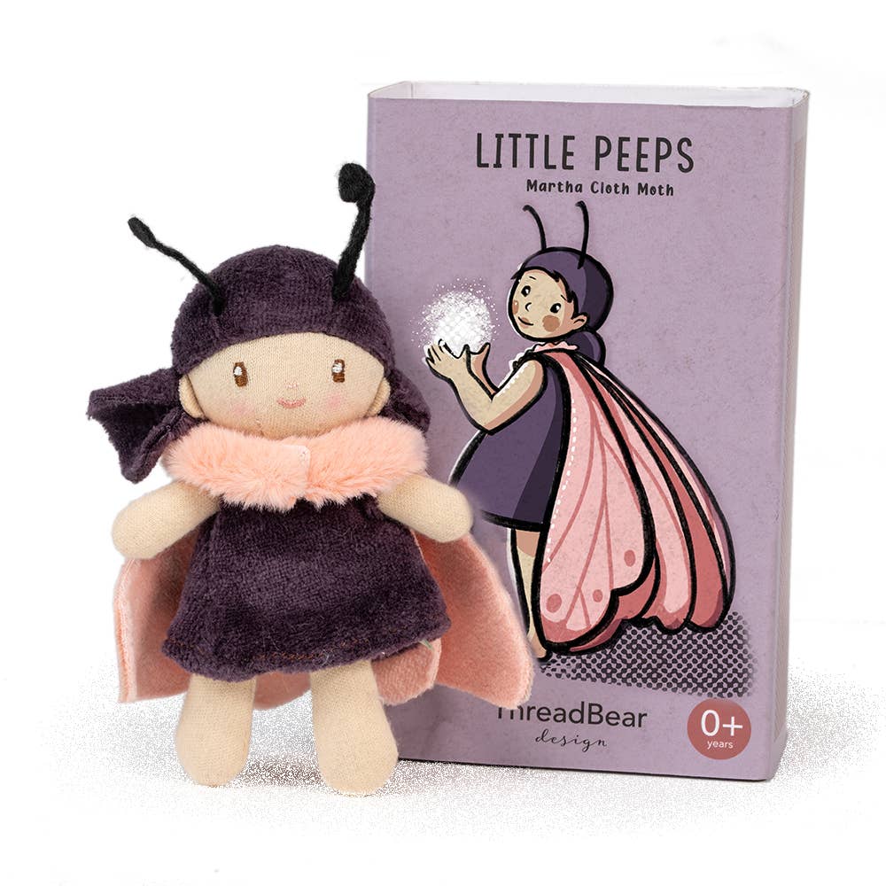Plush toy moth with packaging labeled 'Little Peeps' on a white background