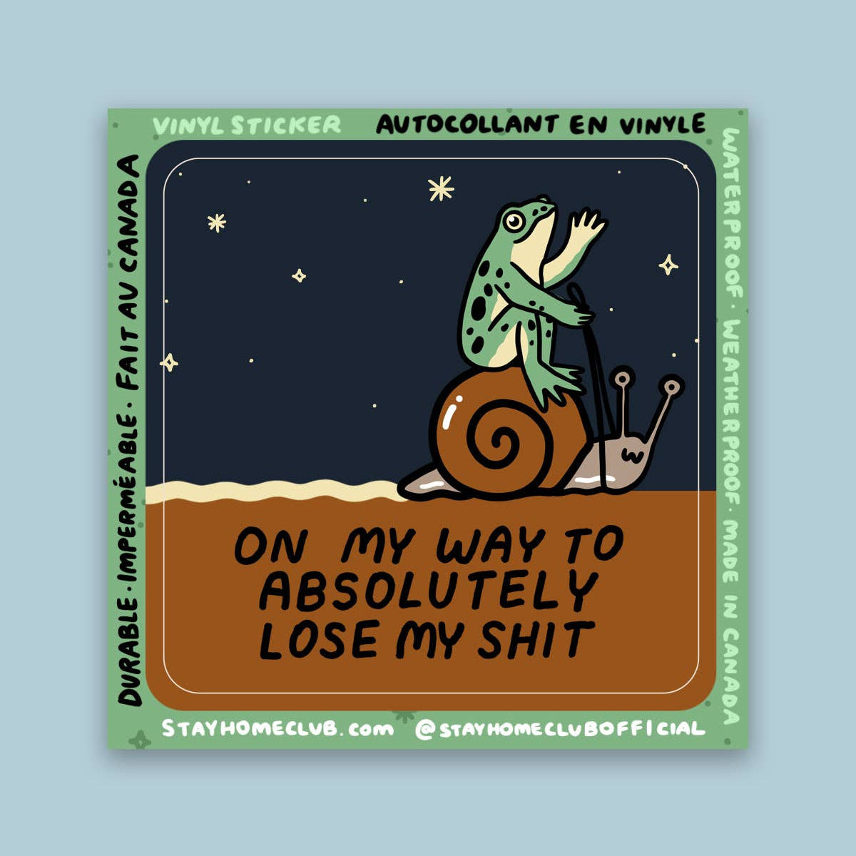 Vinyl sticker with a snail and frog illustration and humorous text on a blue background