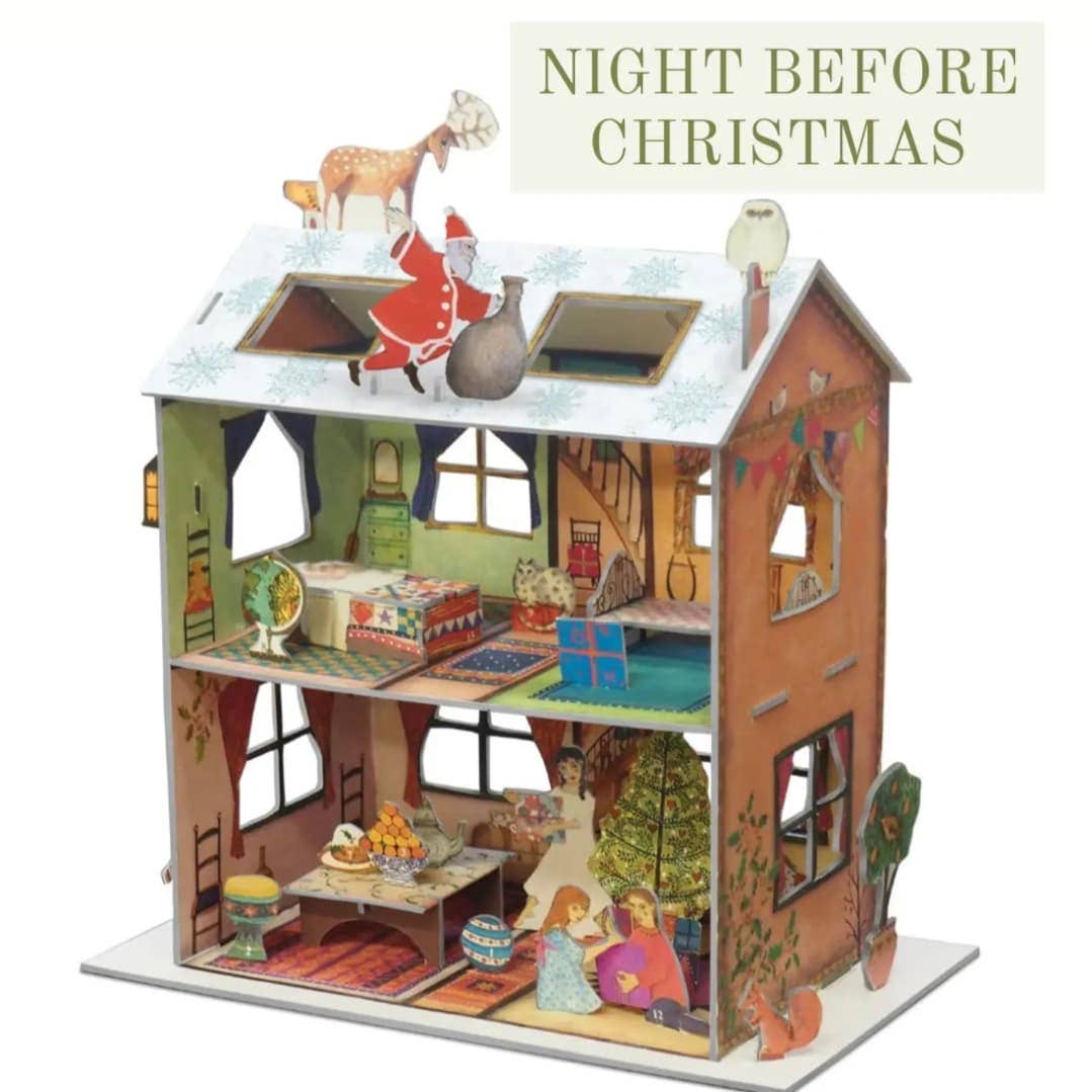 Dollhouse with Christmas-themed decorations and 'Night Before Christmas' text above.