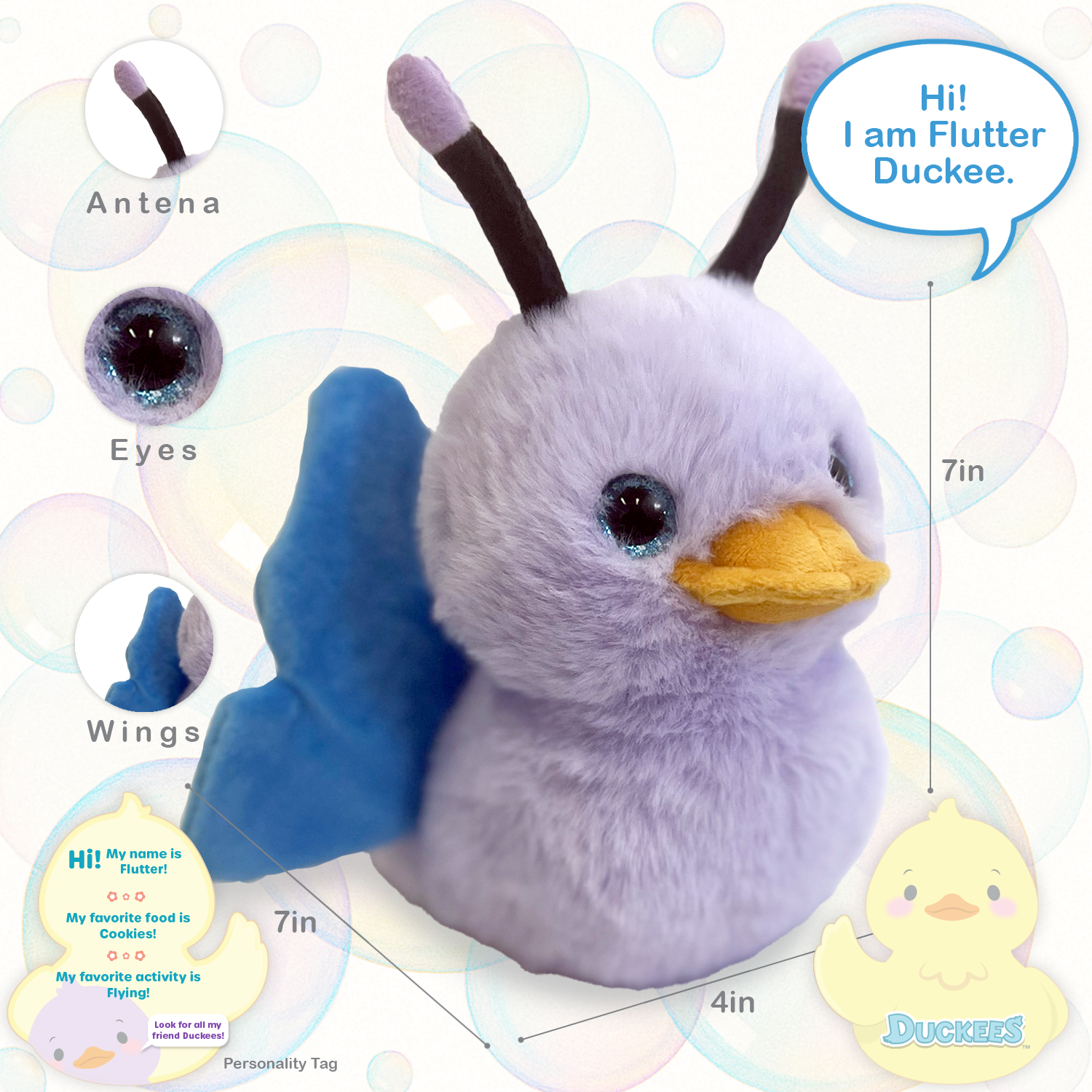 Plush toy duck with labeled parts and dimensions on a light background