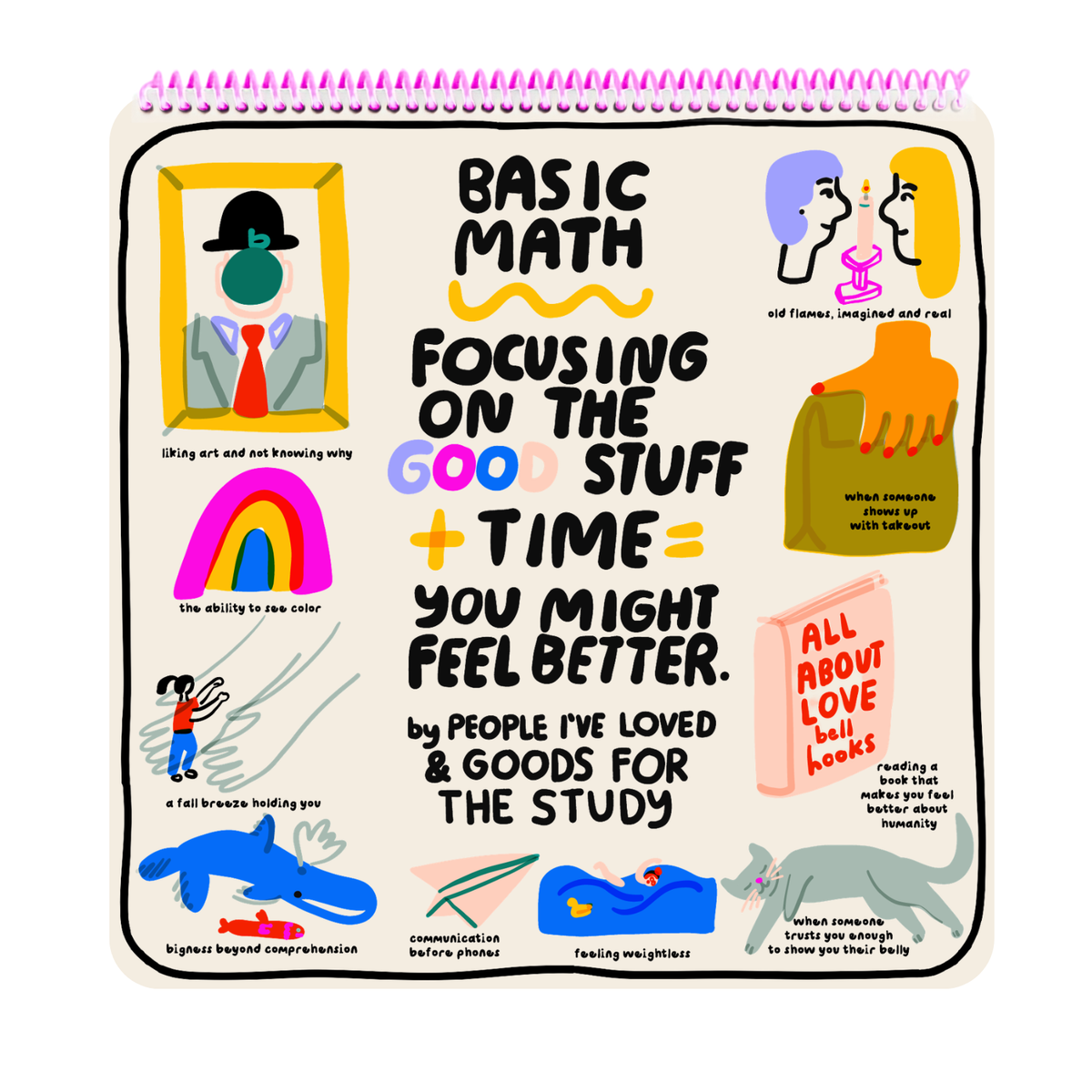 Colorful illustrated notebook with text and graphics on a white background