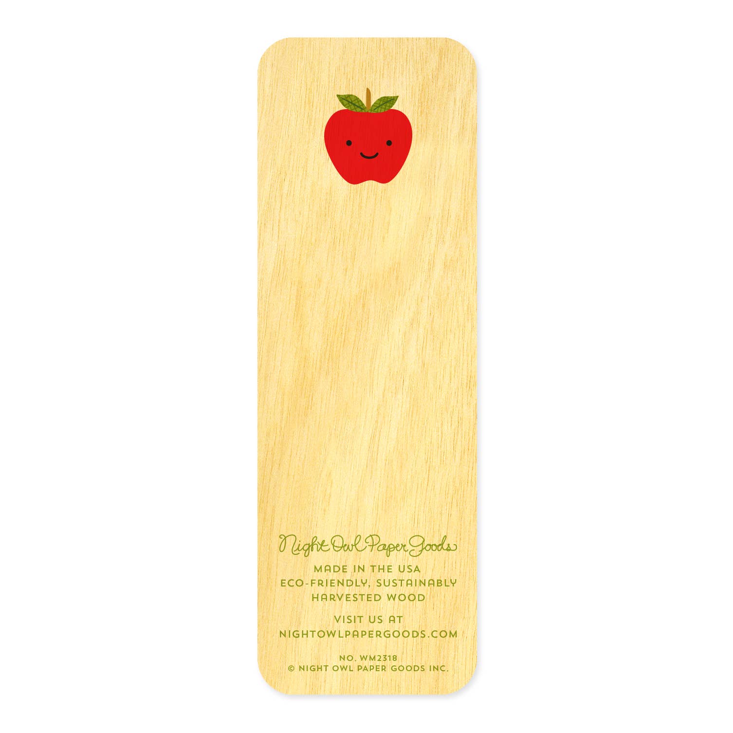 Wooden bookmark with a red apple design on a white background