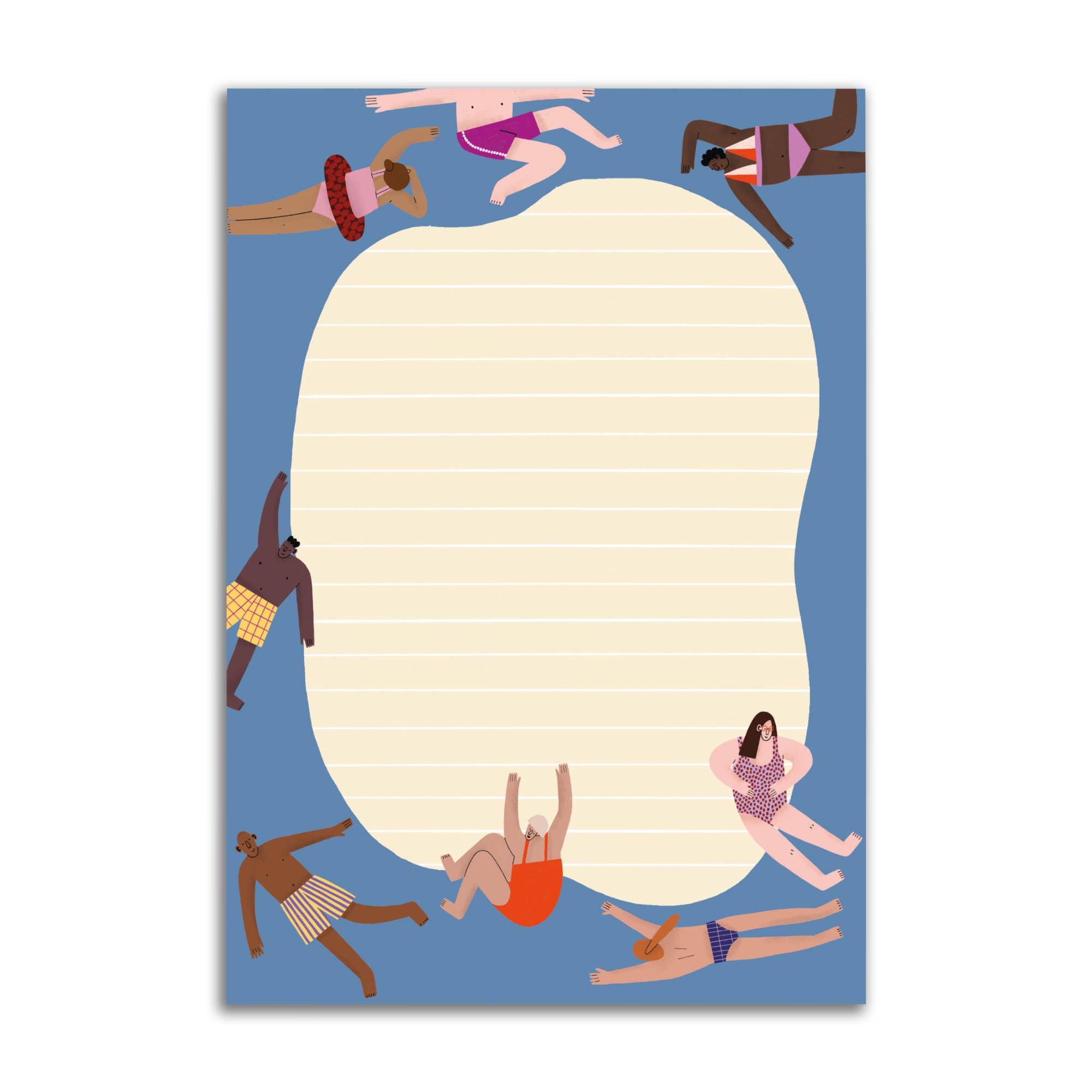 A rectangular notepad with a blue background and an irregular cream writing area in the center, surrounded by flat illustrations of people in swimwear on a white background.