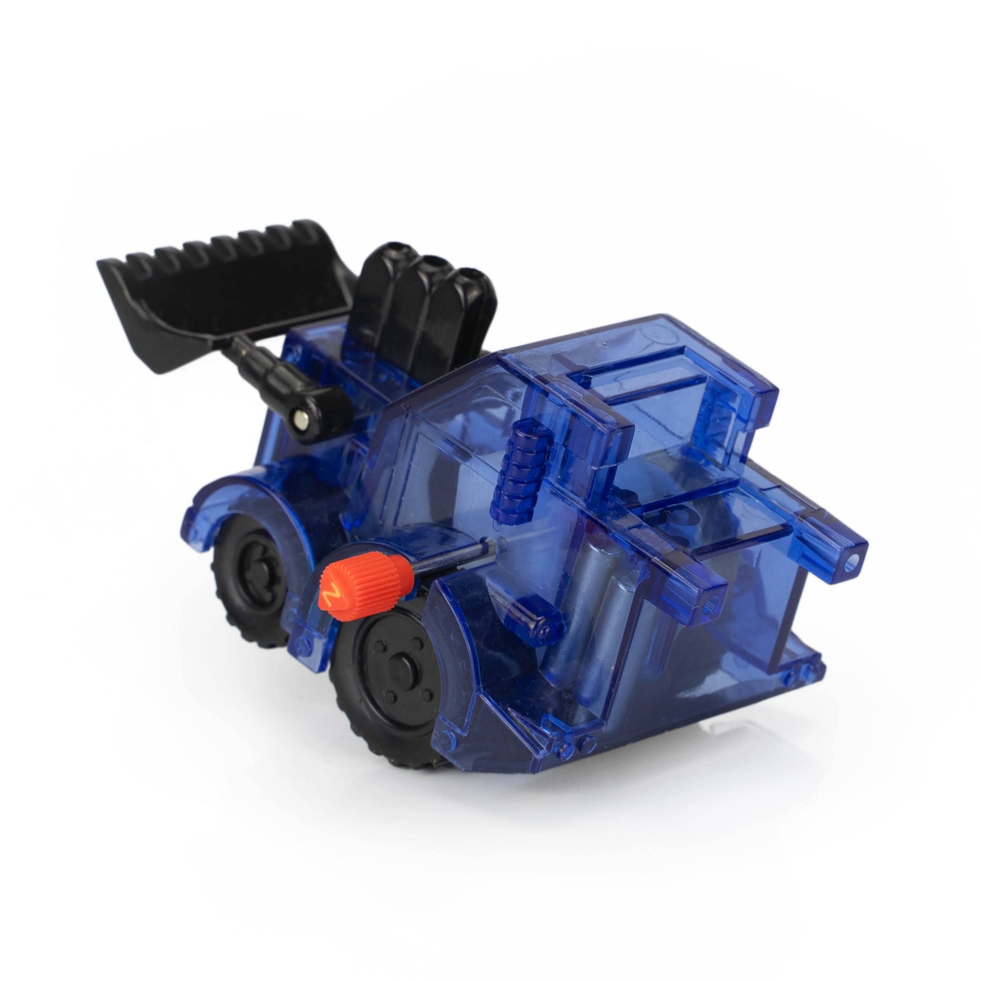 Toy construction vehicle with blue body and black and orange details on a white background