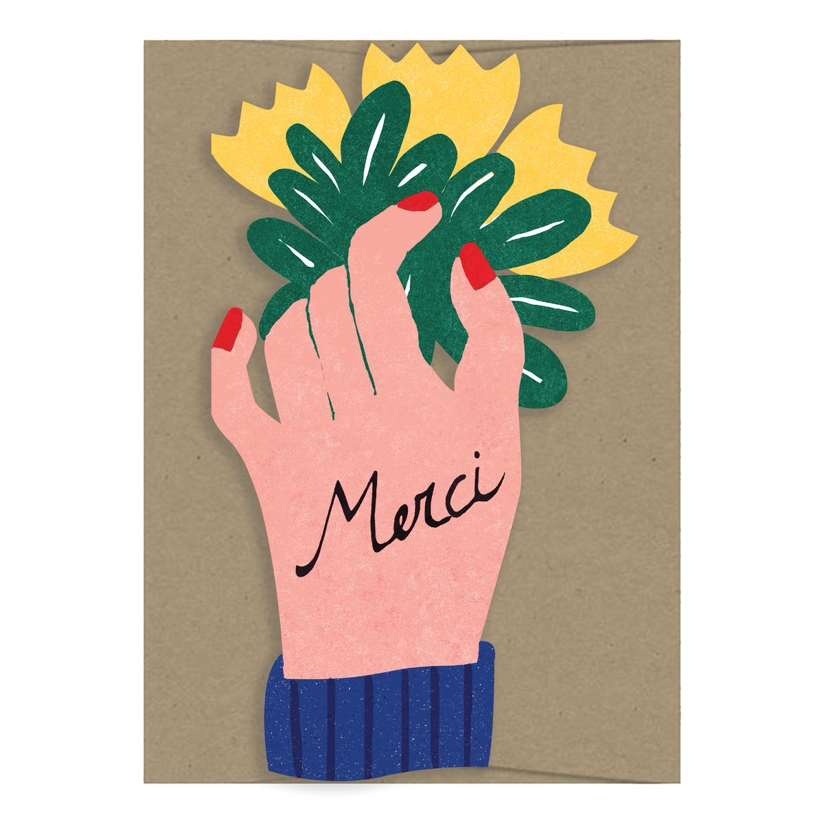 A minimalist art print or card featuring a pink hand with red nails holding yellow flowers with green leaves, with the word 'Merci' written on the palm and a blue striped cuff at the bottom, set against a brown background.