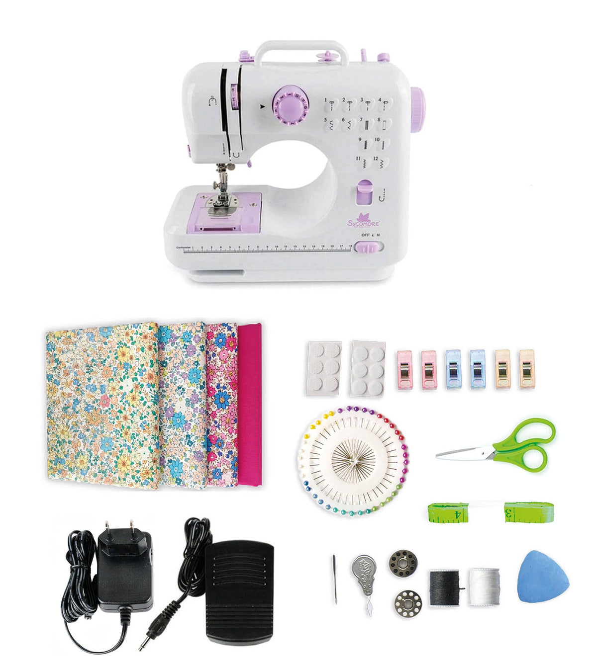 A sewing machine kit with a white and lavender sewing machine, four pattern books, fabric pieces, a power adapter, a foot pedal, scissors, needles, thread spools, a ruler, and other sewing accessories, arranged on a white background.