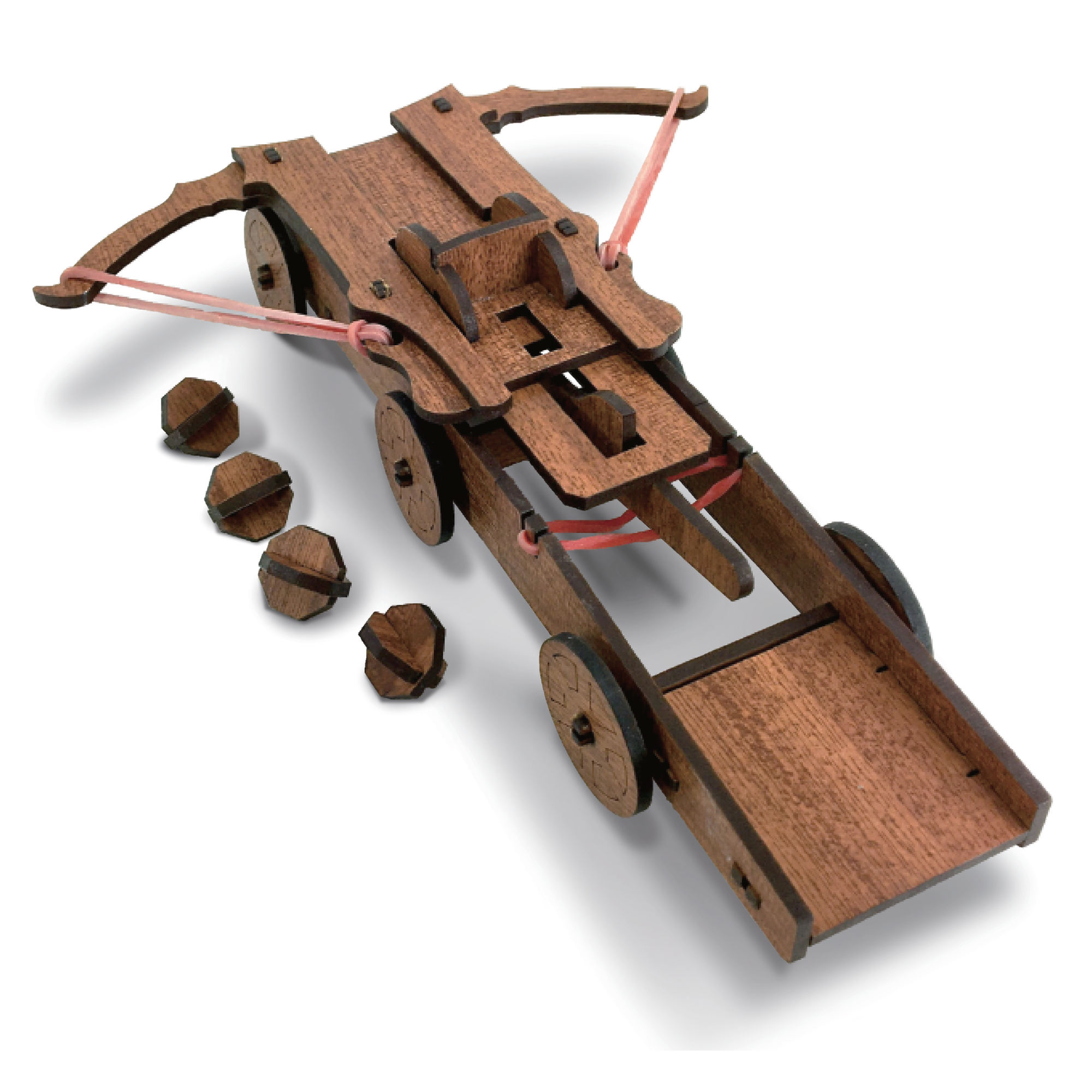 Wooden trebuchet model with stones on a white background