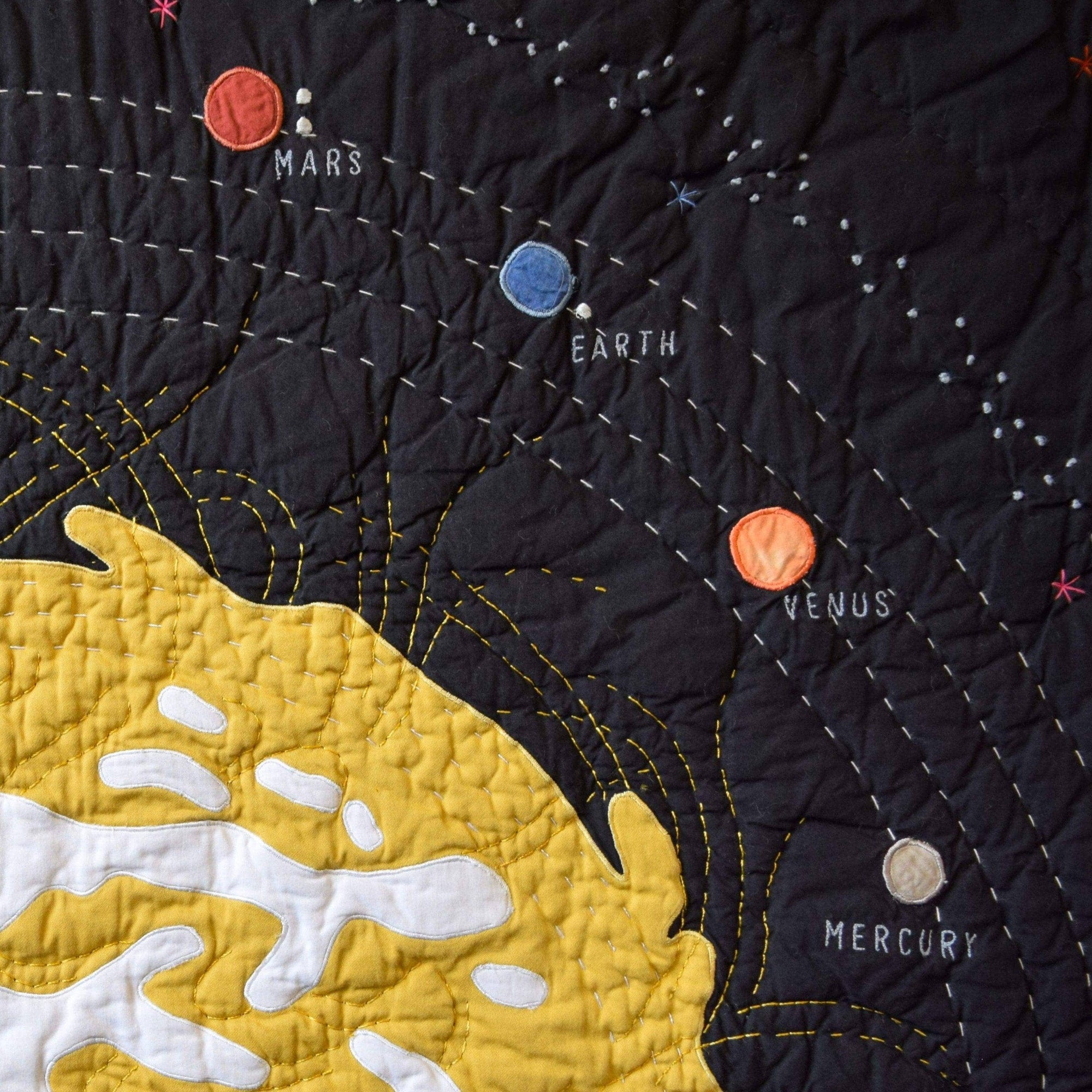 Quilt with solar system design featuring planets and stars on a dark background