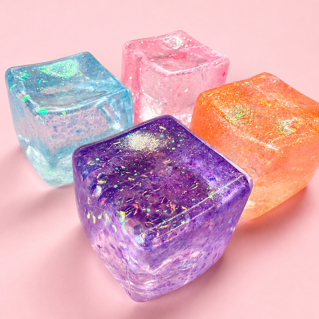 Four translucent glittery ice cube-shaped ornaments in pastel blue, pink, purple, and orange, arranged on a soft pink background.