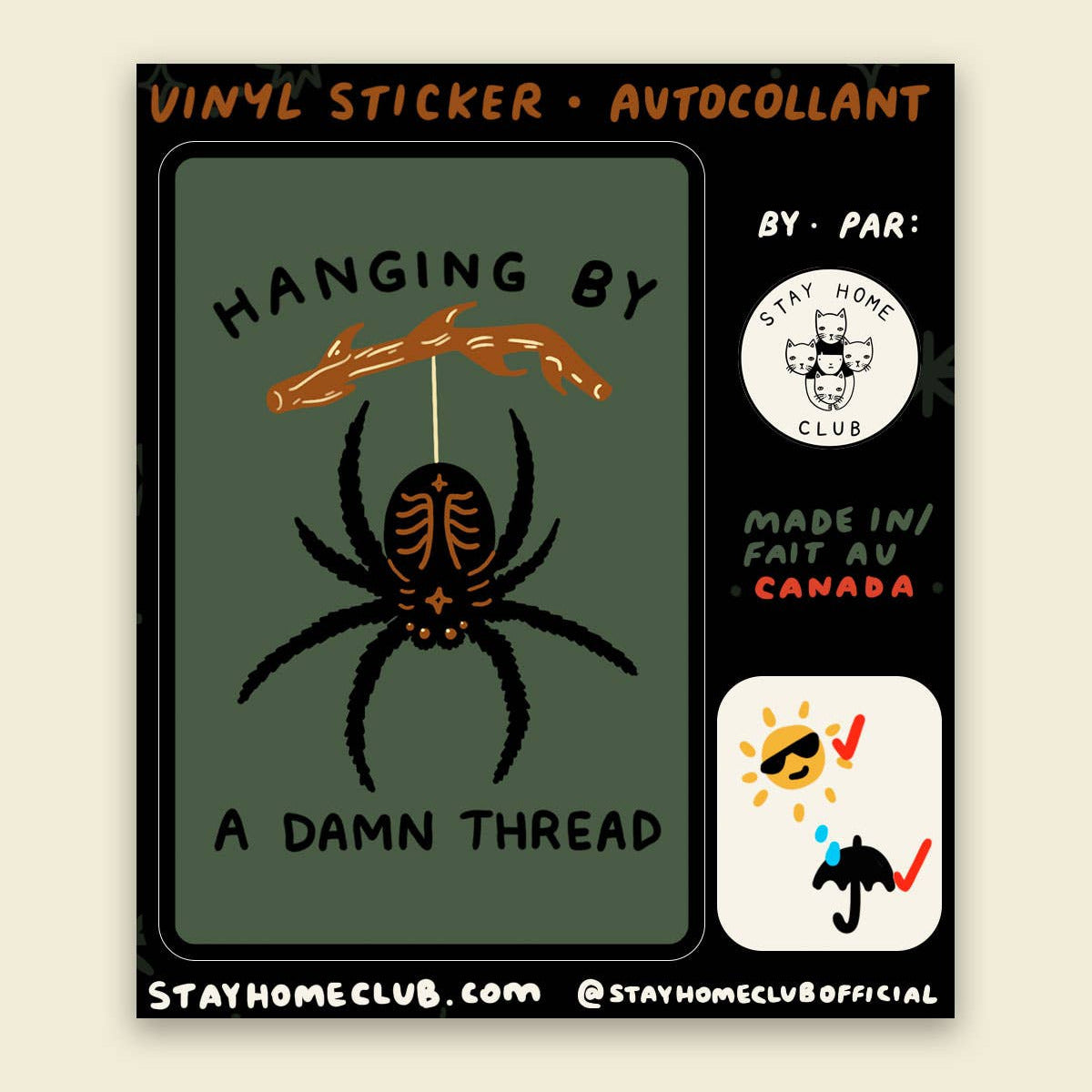 Vinyl sticker with spider design and branding on a beige background