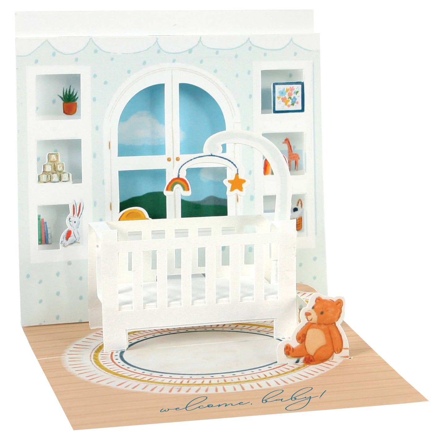 Baby crib with teddy bear and toys in a room setting, featuring 'welcome baby!' text.