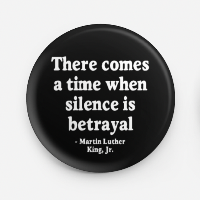 Black button with white text featuring a quote by Martin Luther King Jr. on a light gray background