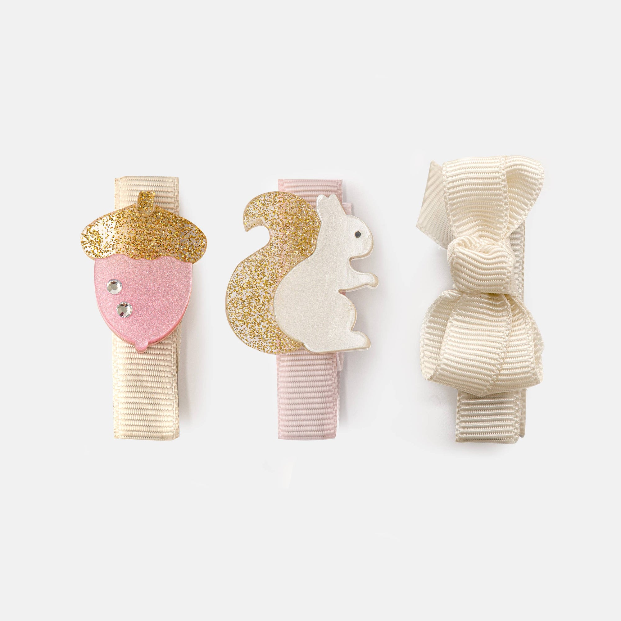 Squirrel & Acorn Pink with Fabric Bow Baby Hair Clips