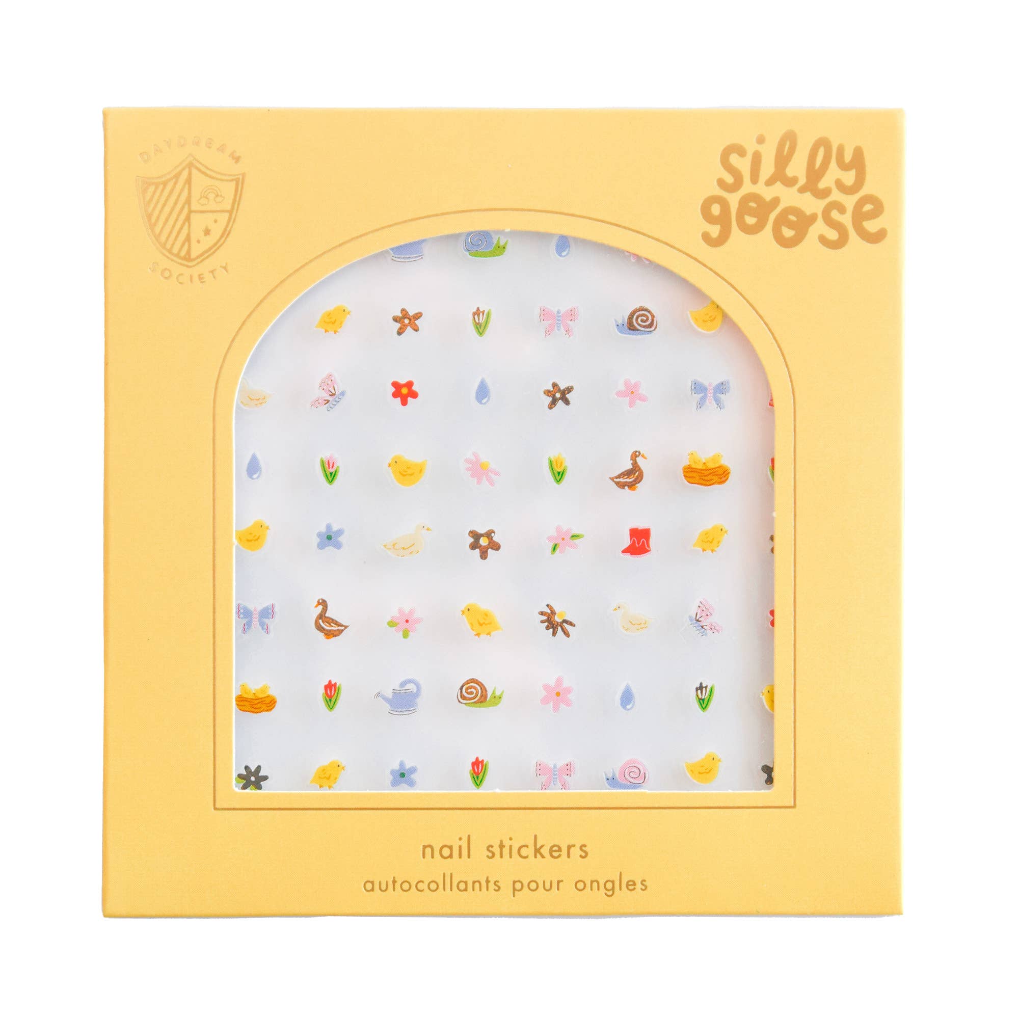 Packaging of nail stickers with a yellow border and 'Silly Goose' branding.