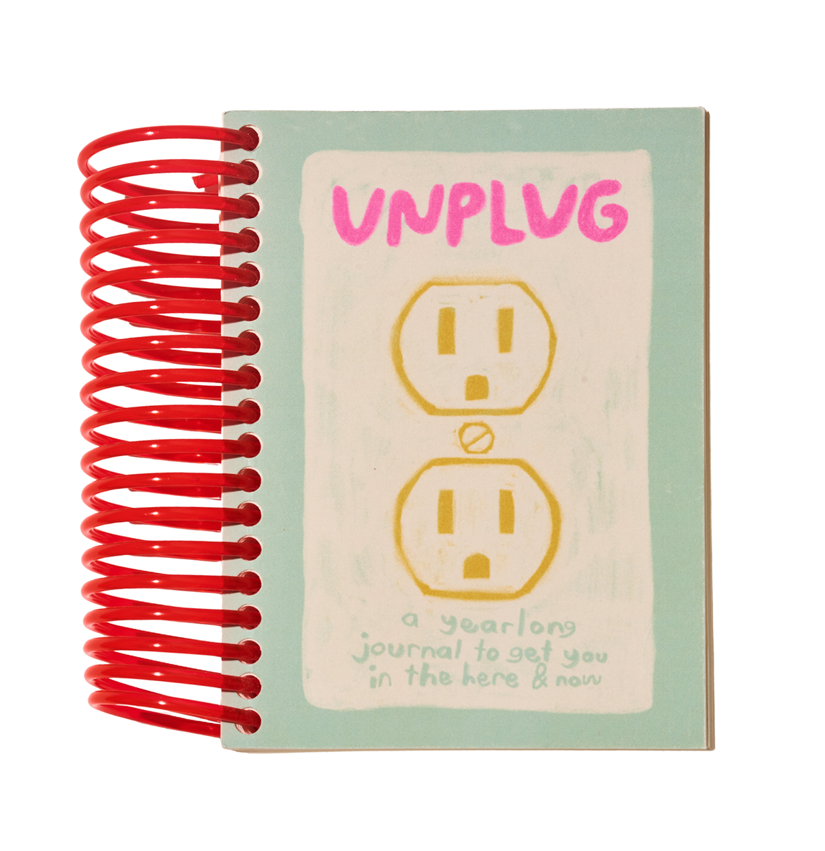 Notebook with red spiral binding and 'UNPLUG' text on cover