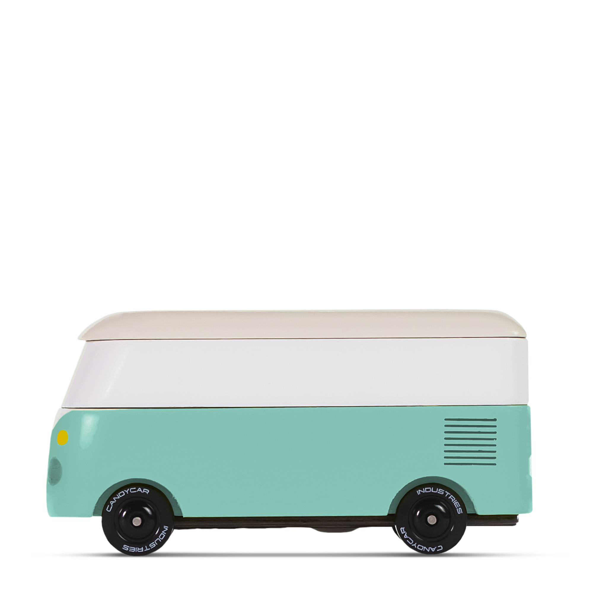 Teal and white cooler shaped like a vintage van on a white background