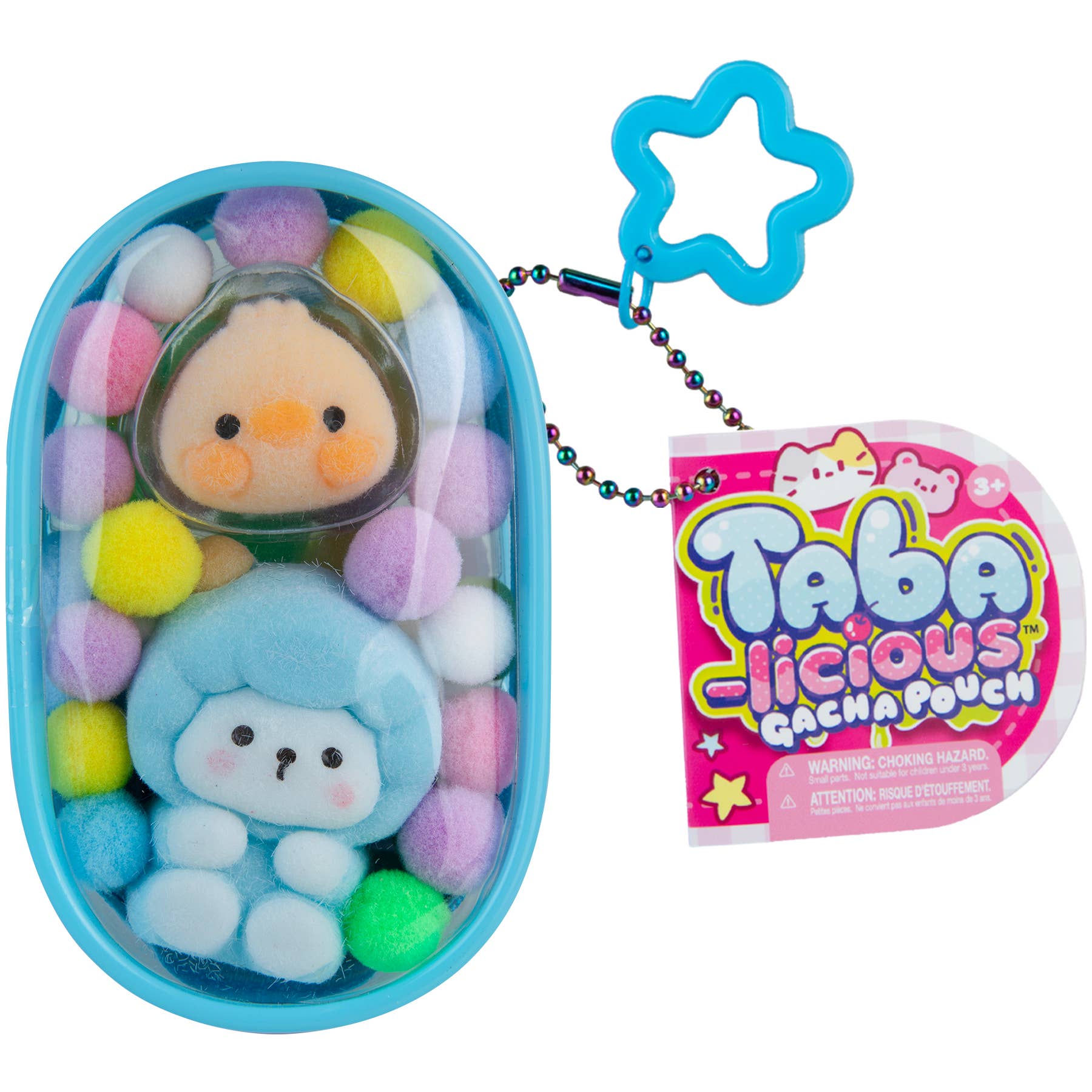 Candy pouch with plush toys and keychain, featuring 'Taba Clicious' branding.