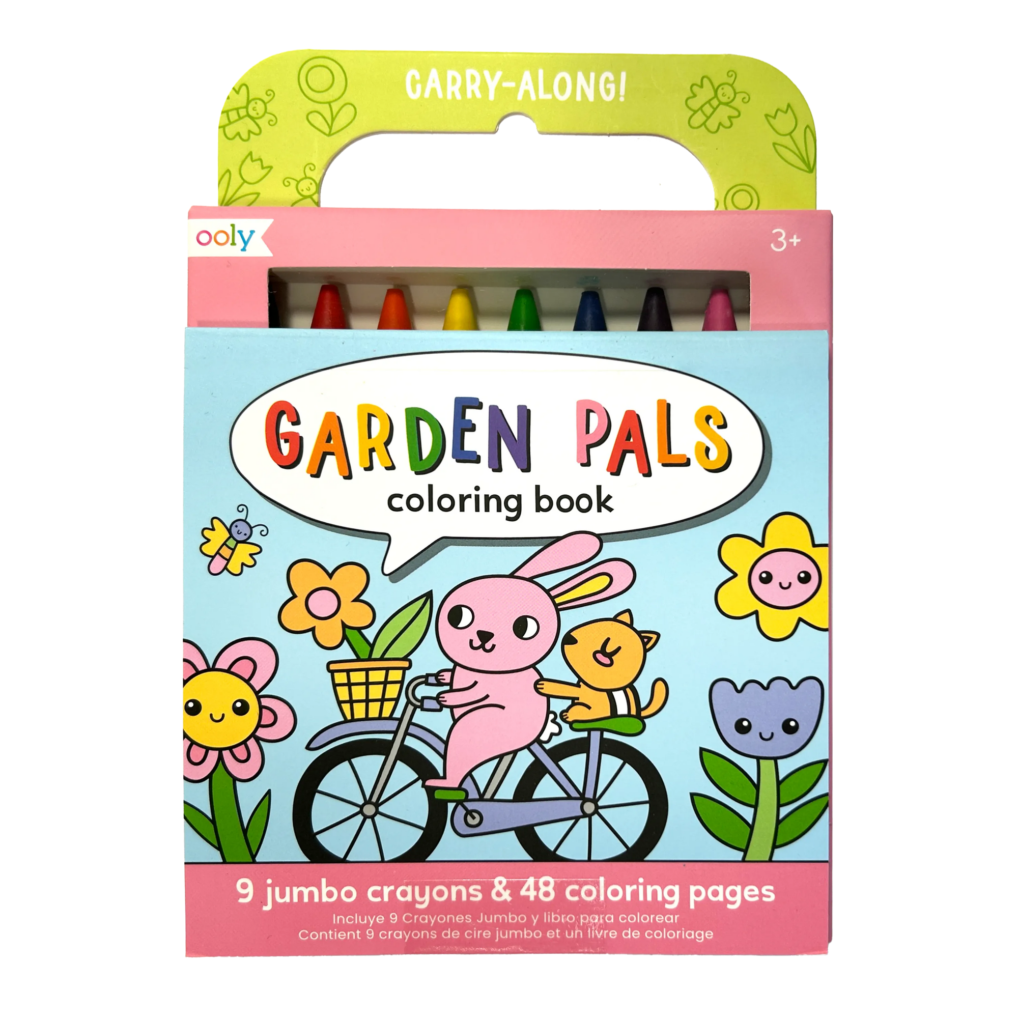 Packaging of 'Carry Along! Garden Pals Coloring Book' with a cartoon rabbit riding a unicycle and various colorful flowers and crayons visible through the window.