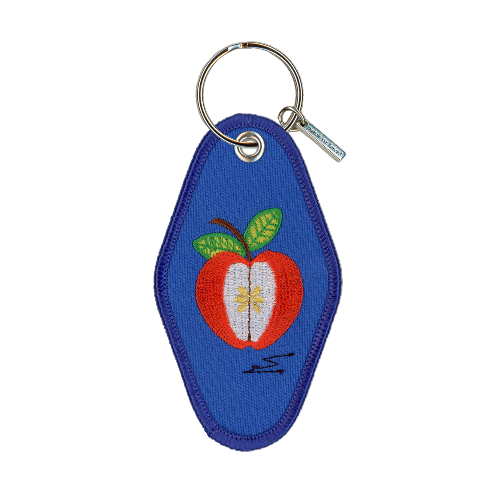 Blue keychain with an embroidered apple design on a white background