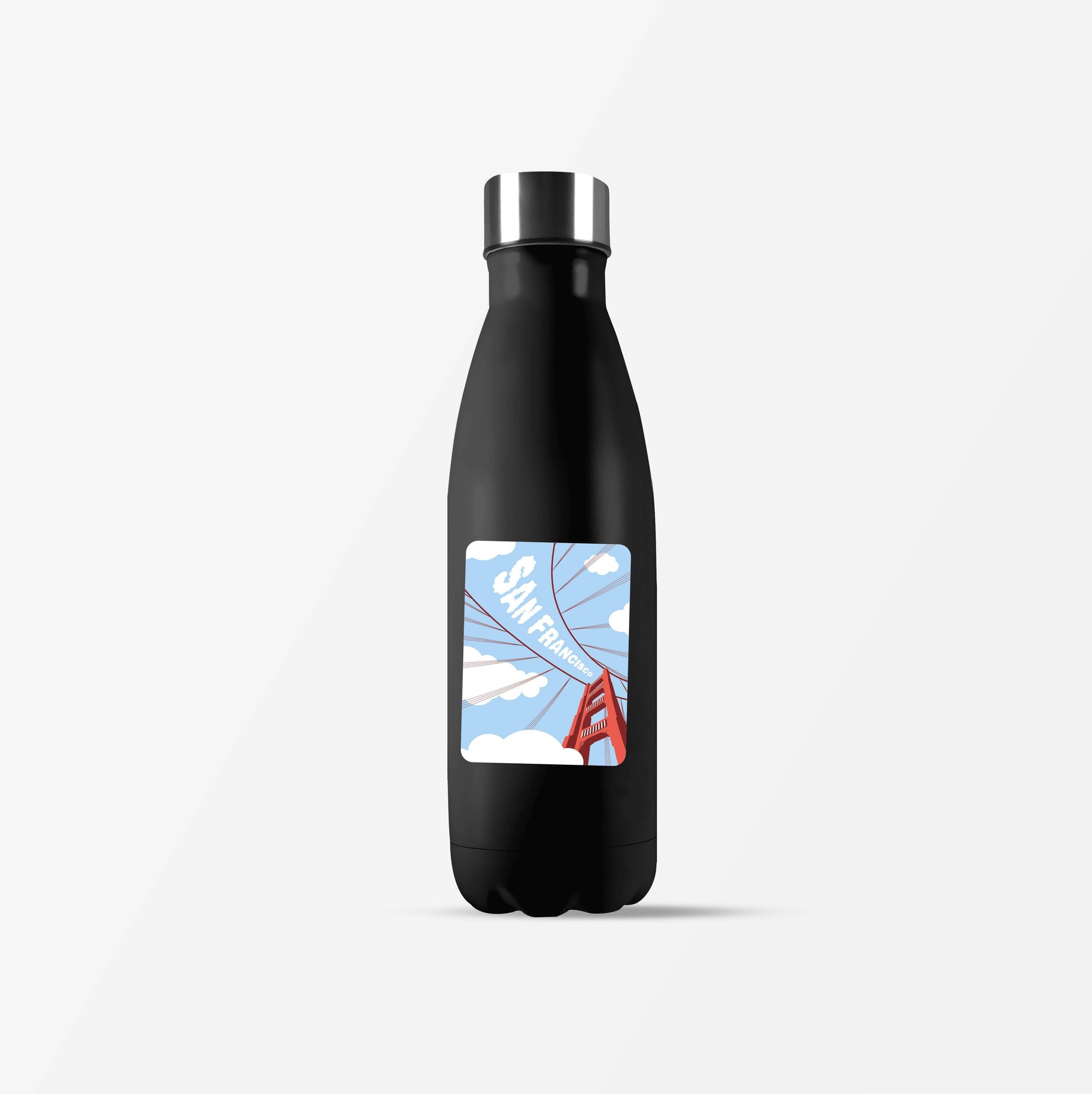 A matte black insulated water bottle with a silver cap, featuring a square graphic label of the San Francisco Golden Gate Bridge under a blue sky with clouds and the text 'San Francisco'.