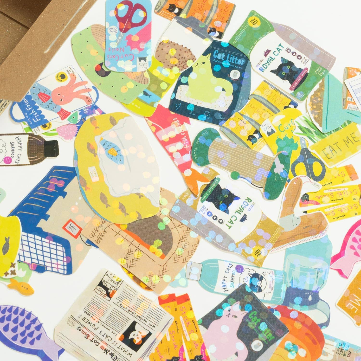 Collection of colorful stickers with various designs on a white background