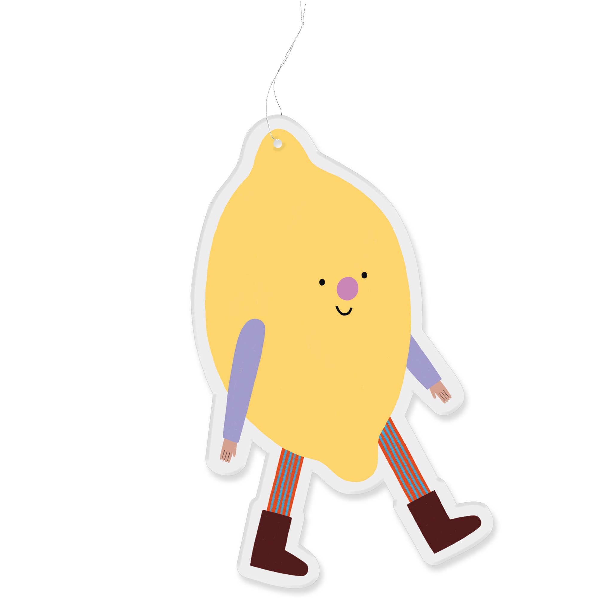 A whimsical hanging ornament shaped like a lemon with a cute face, purple sleeves, striped legs, and brown boots, shown on a plain white background.