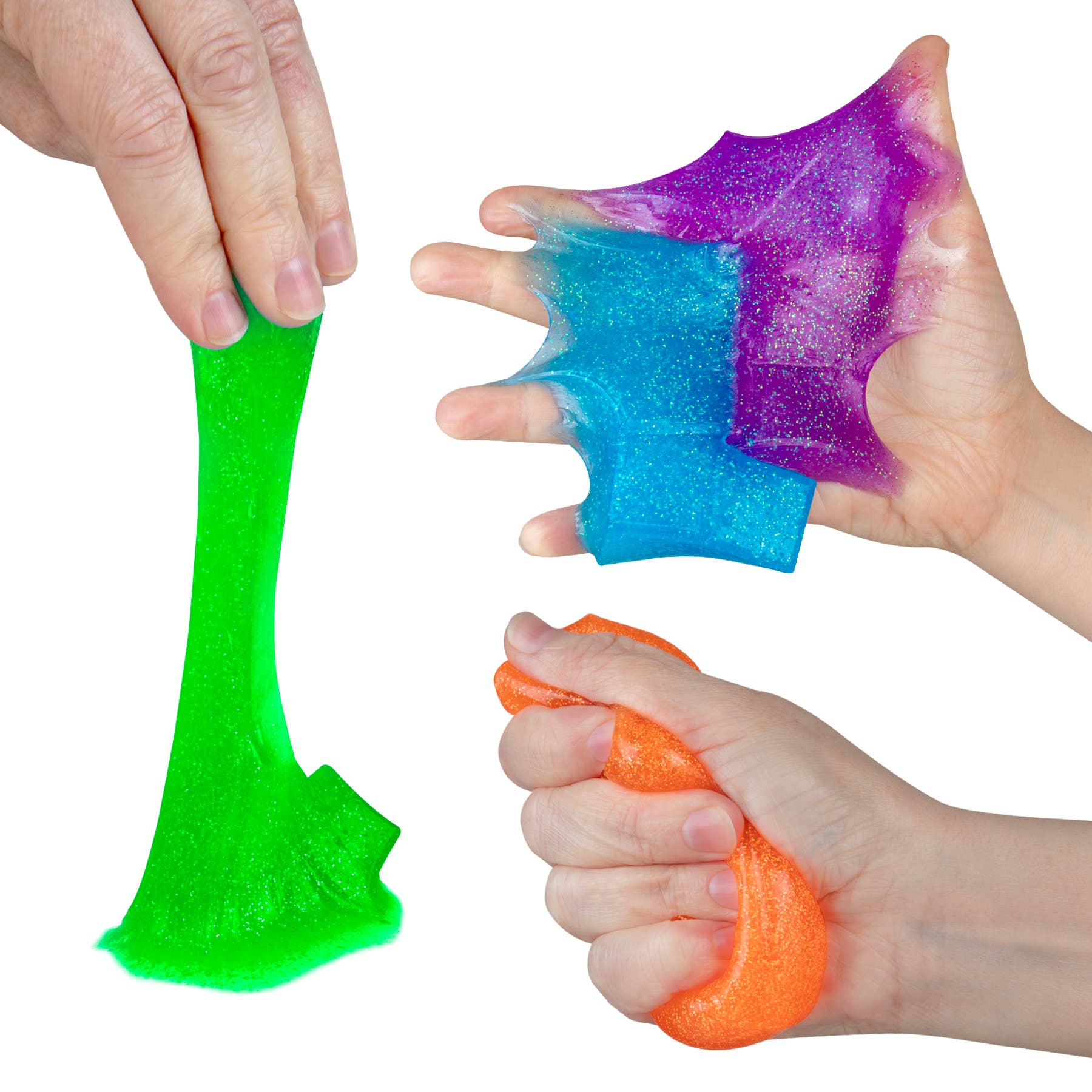 Hands playing with colorful slime in green, blue, and orange on a white background