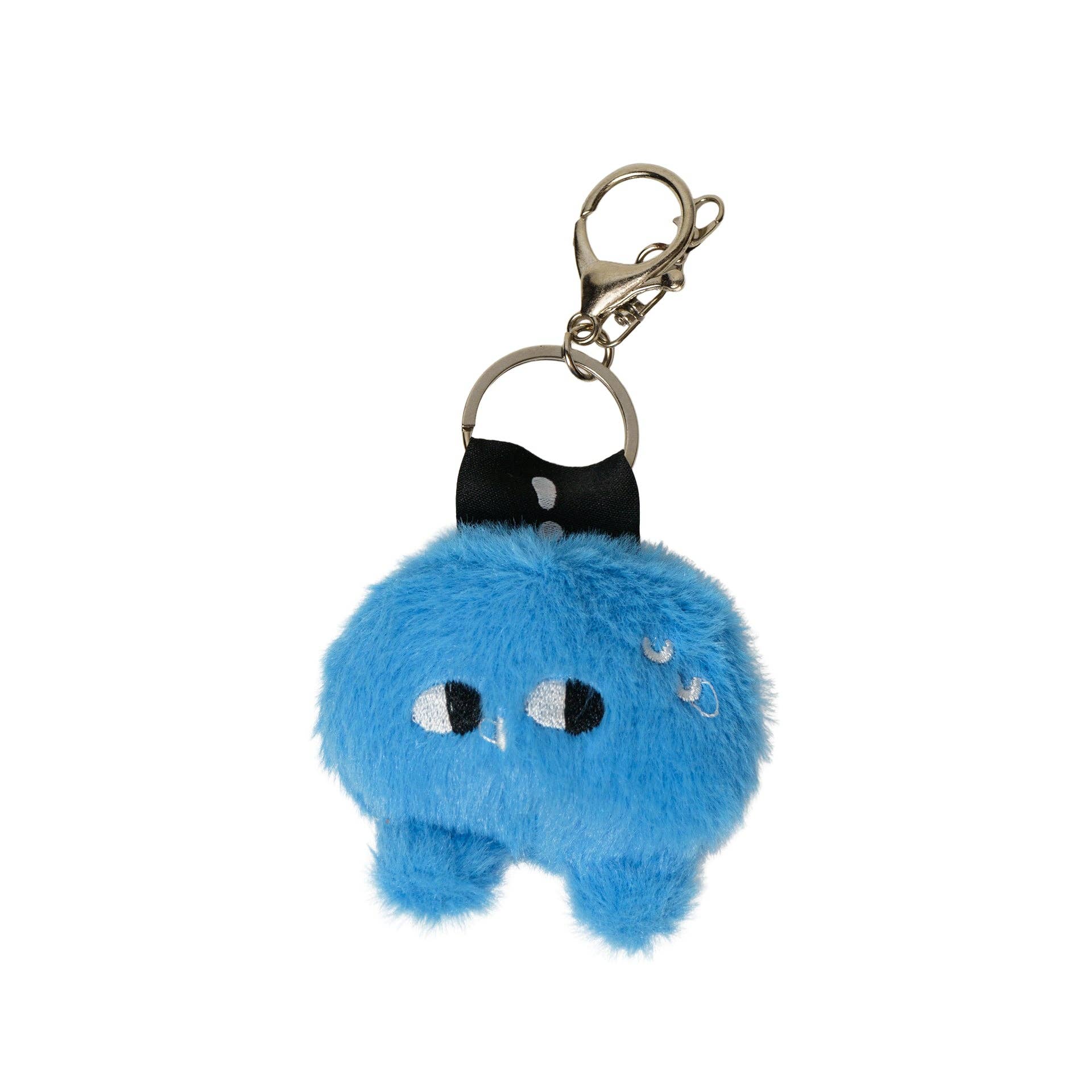 Blue plush keychain with a metal clasp on a white background